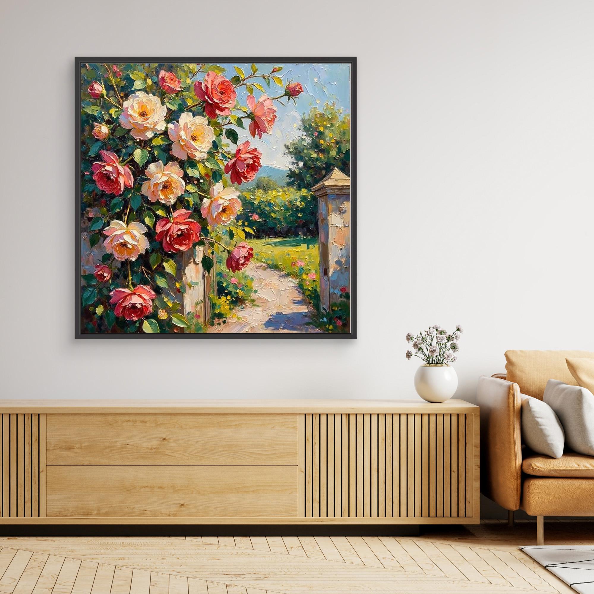Pink Rose Garden Oil Painting | Floral Hallway Wall Art - Framed Pop Art