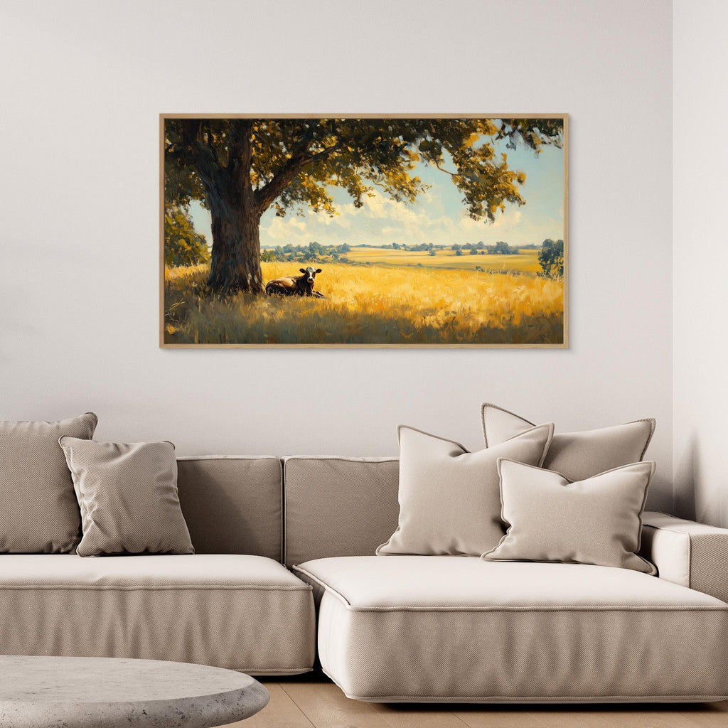 Cow in Sunlit Meadow Panoramic Canvas Wall Art Print - Framed Pop Art