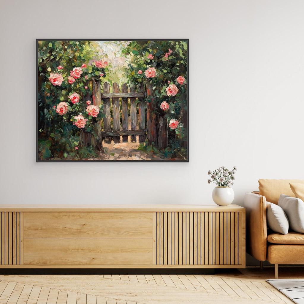 Pink Rose Garden Gate Canvas Wall Art | Floral Oil Painting - Framed Pop Art