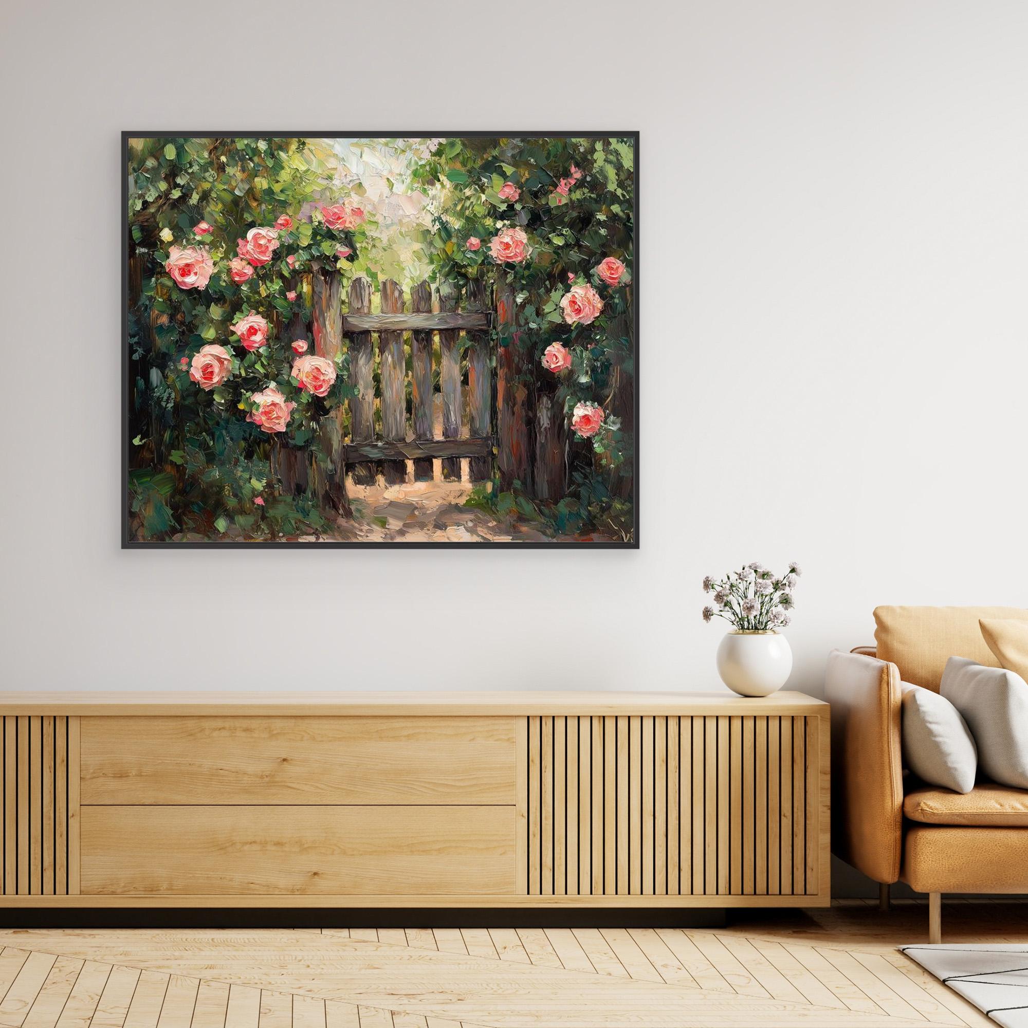 Pink Rose Garden Gate Canvas Wall Art | Floral Oil Painting