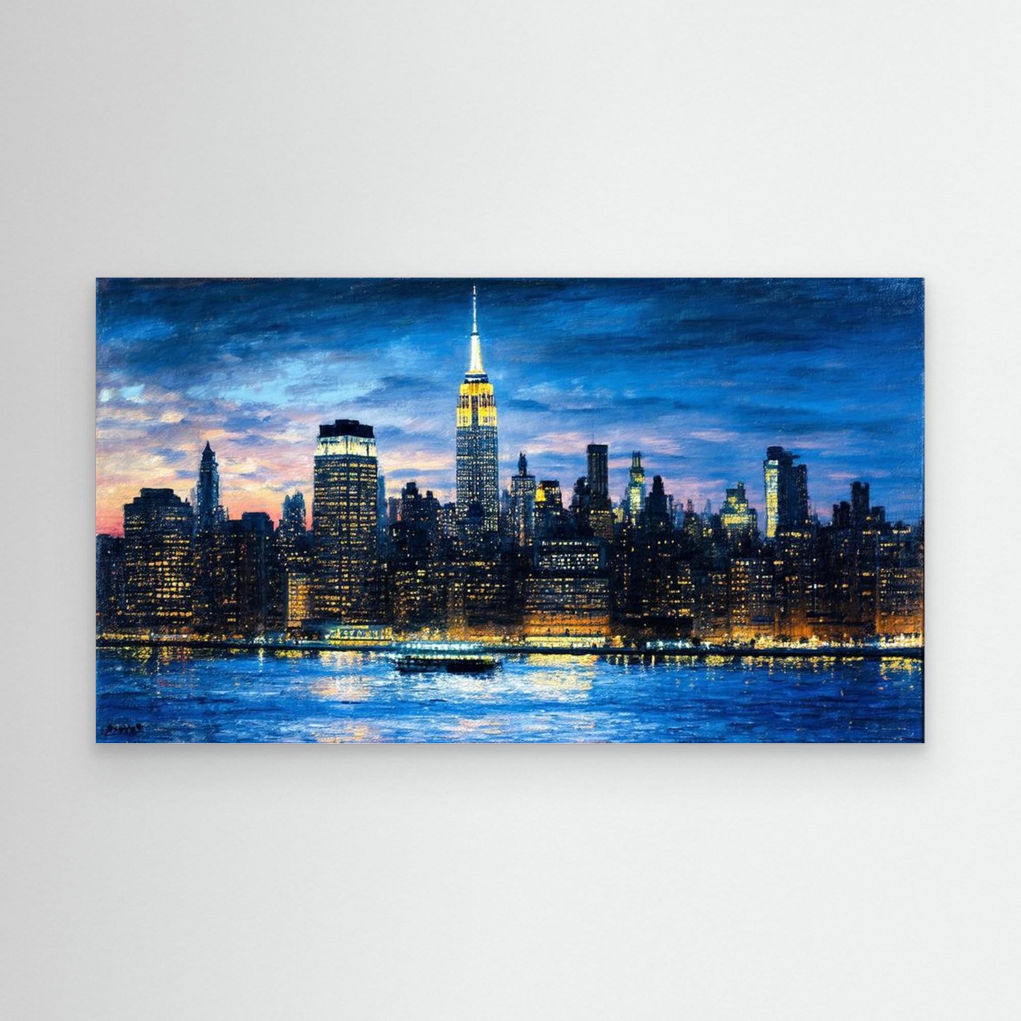New York Skyline Night Panoramic Canvas Wall Art Print