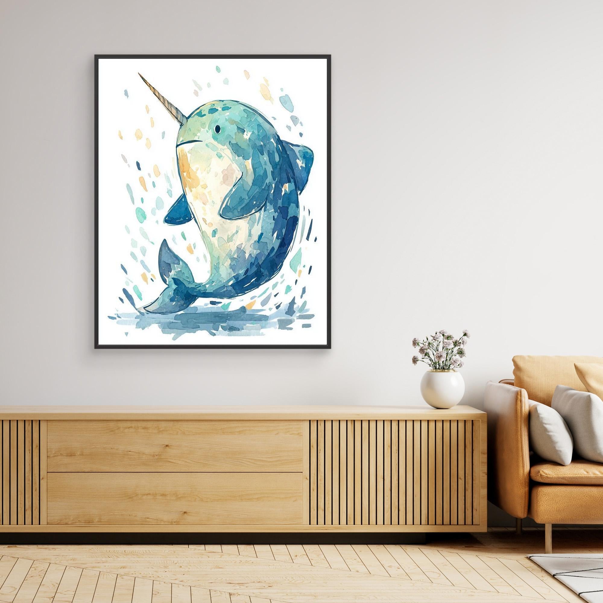 Whimsical Watercolor Narwhal Wall Art | Cute Nursery Print - Framed Pop Art