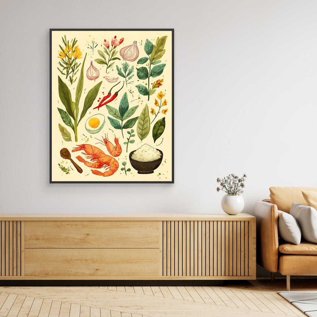 Herb & Prawn Kitchen Ingredients Canvas Print Art