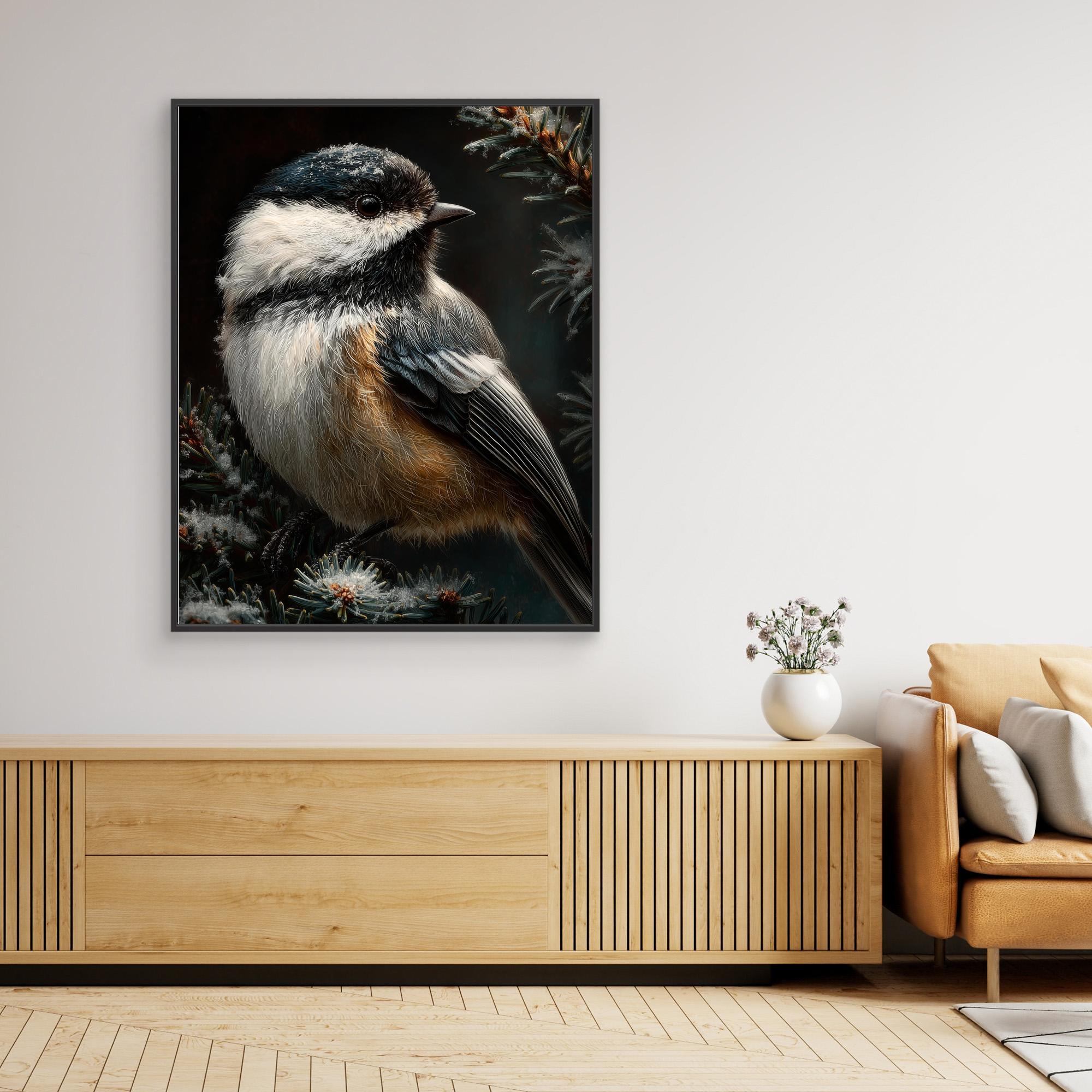 Hallway Bird Wall Art – Winter Chickadee Canvas Print - Framed Pop Art