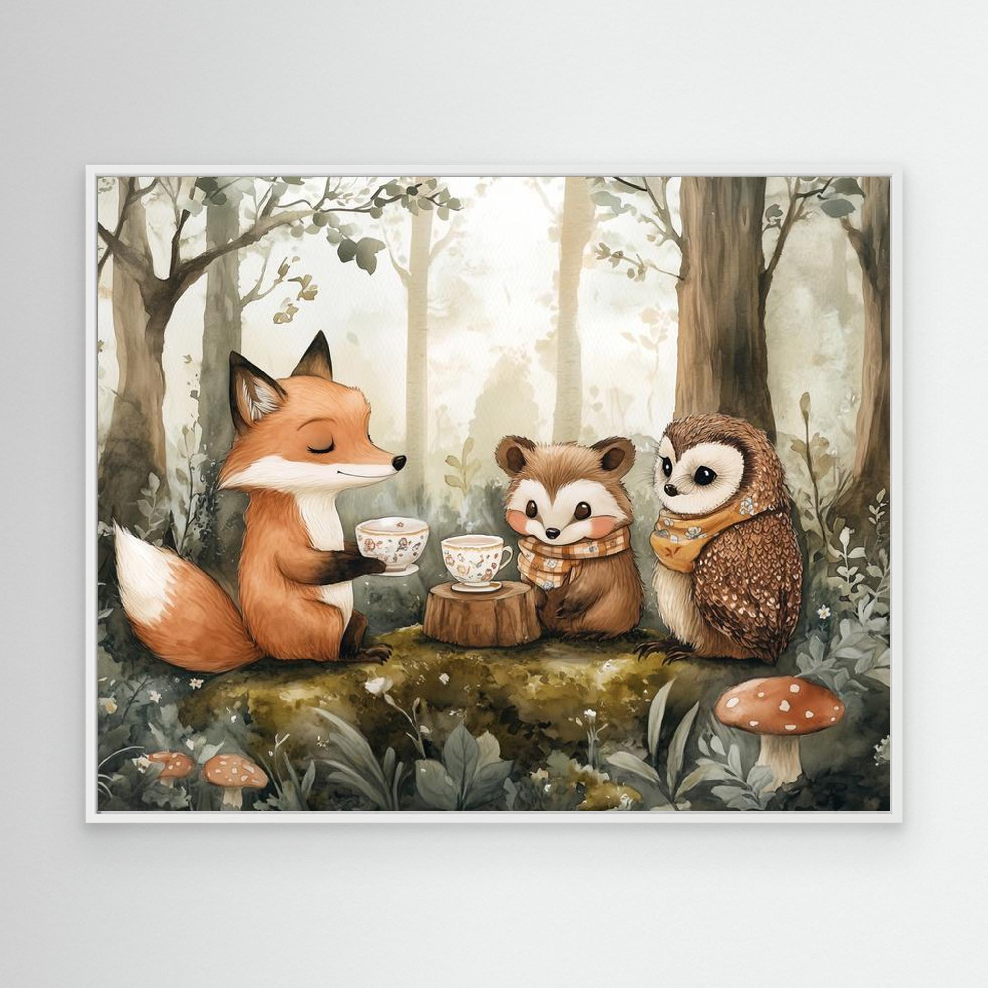 Woodland Friends Tea Party Canvas Wall Art | Nursery Decor - Framed Pop Art