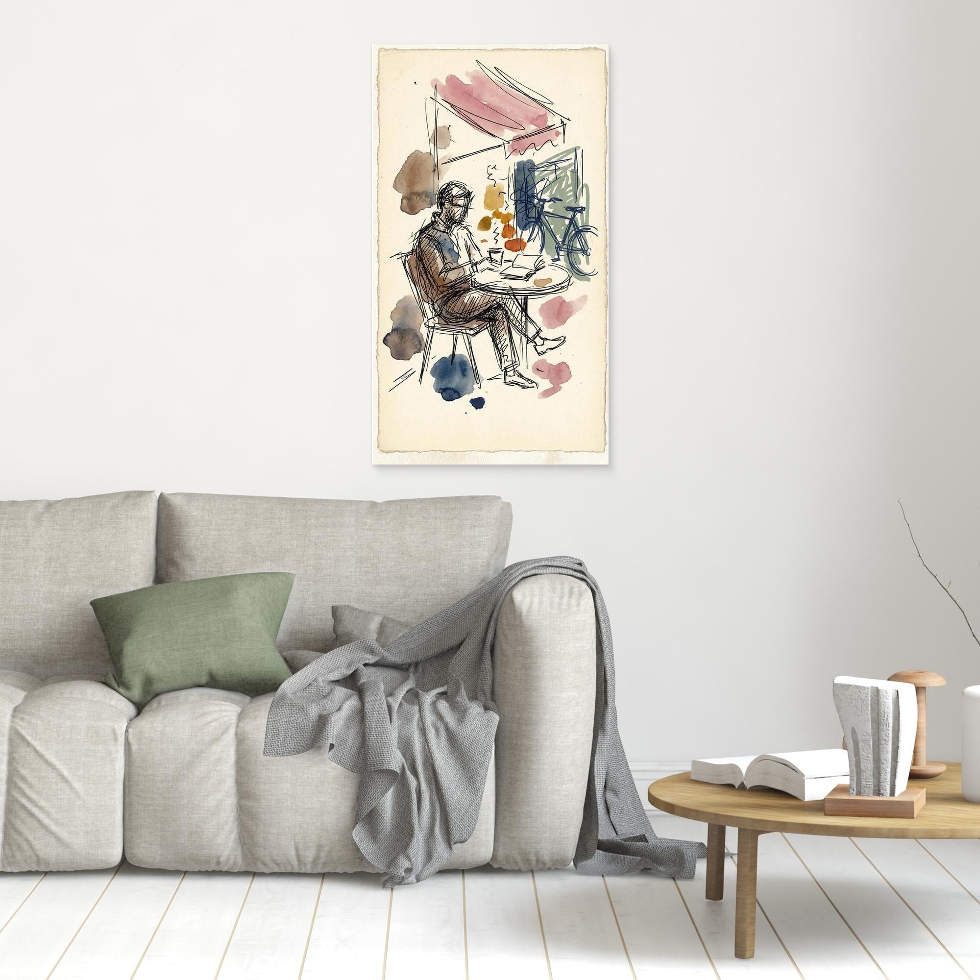 Man in Cafe Sketch Wall Art | Framed Canvas Print - Framed Pop Art