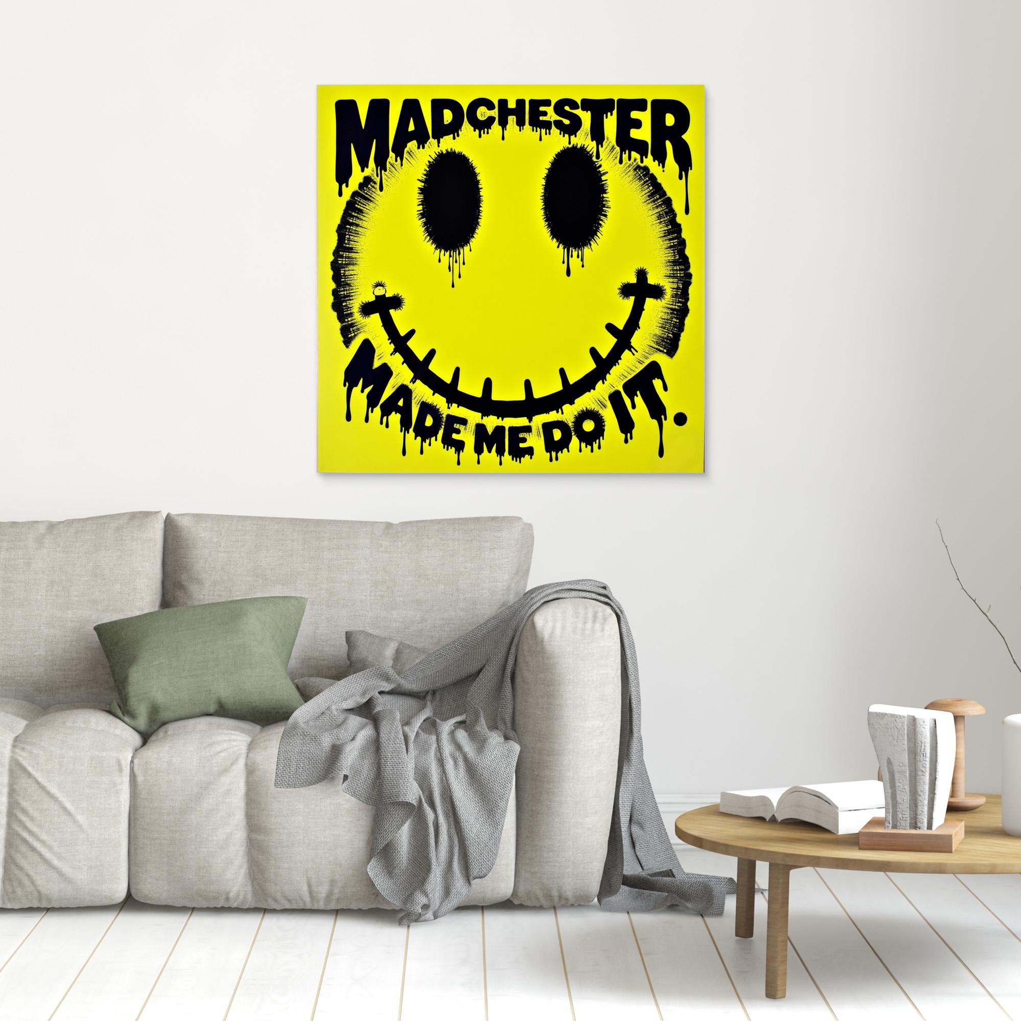 Madchester Made Me Do It | Retro Smiley Face Canvas Wall Art - Framed Pop Art