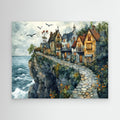 Coastal Cliffside Village Canvas Print for Hallway Decor - Framed Pop Art