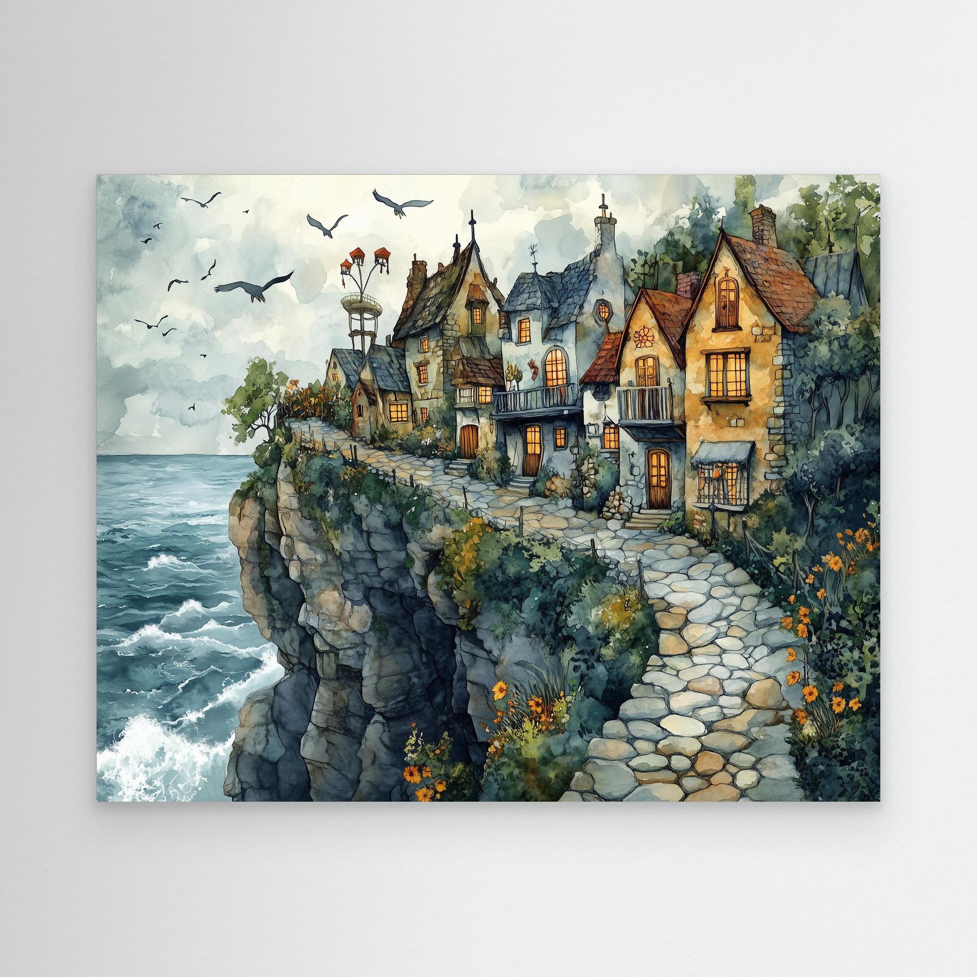 Coastal Cliffside Village Canvas Print for Hallway Decor - Framed Pop Art