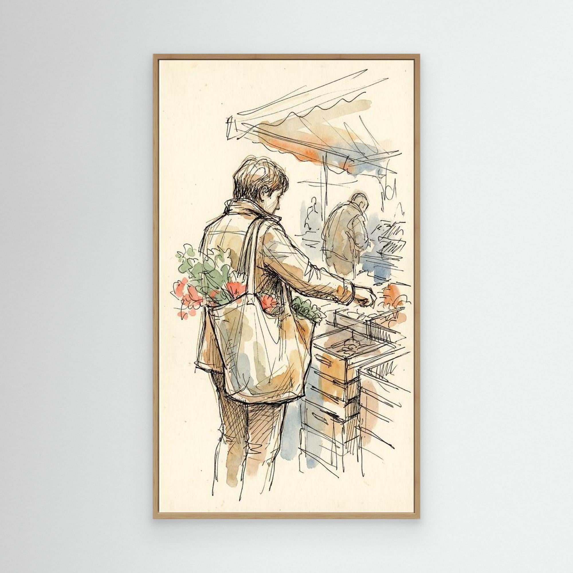 European Market Scene Framed Canvas Wall Art | Sketch Style - Framed Pop Art