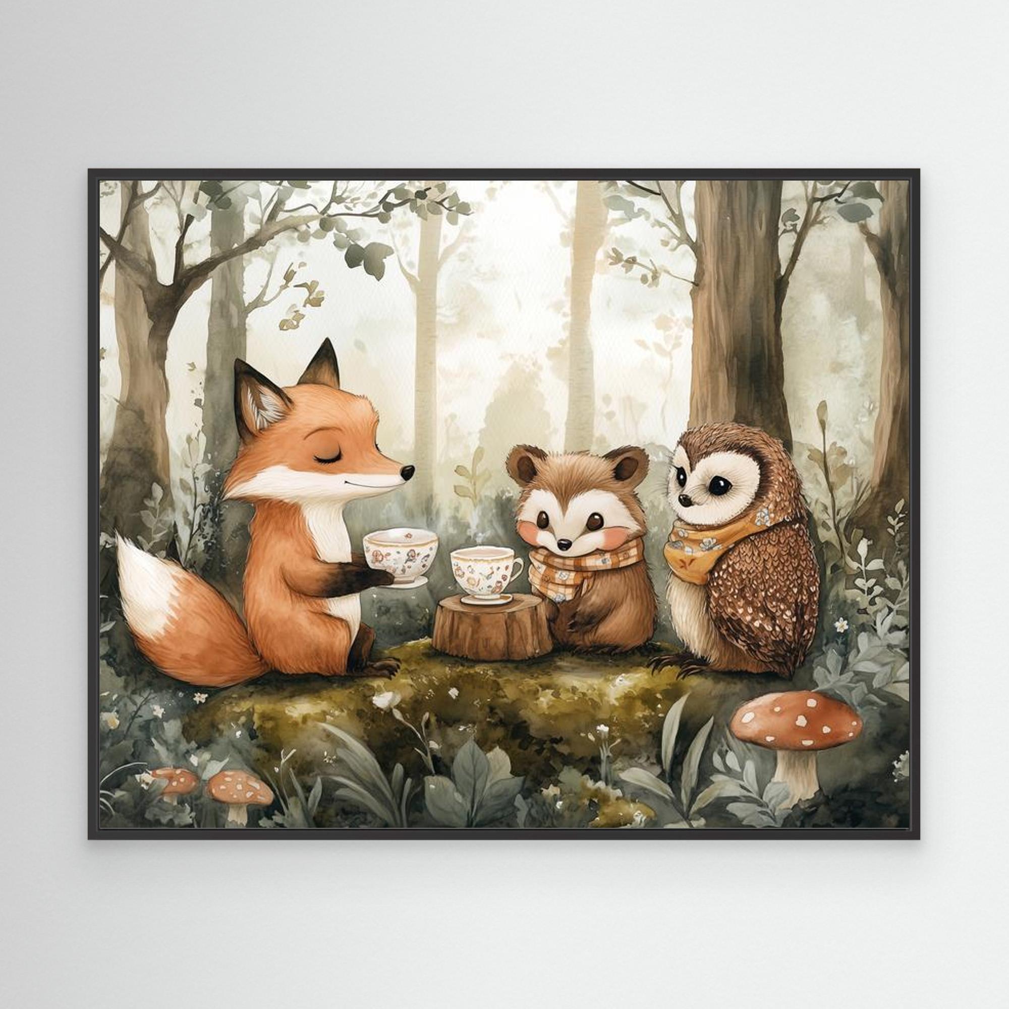 Woodland Friends Tea Party Canvas Wall Art | Nursery Decor - Framed Pop Art