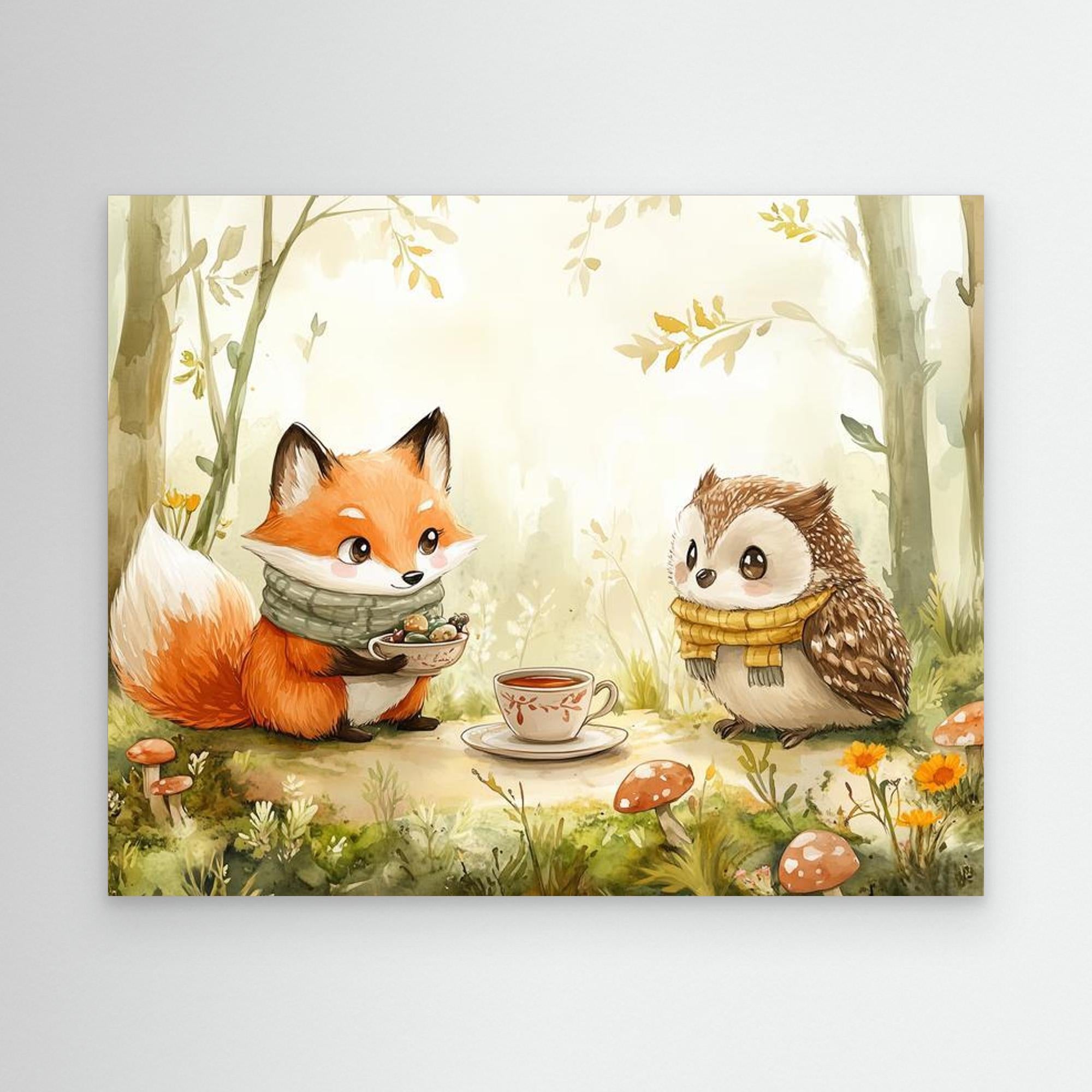 Fox and Owl Tea Party Woodland Wall Art | Nursery Decor