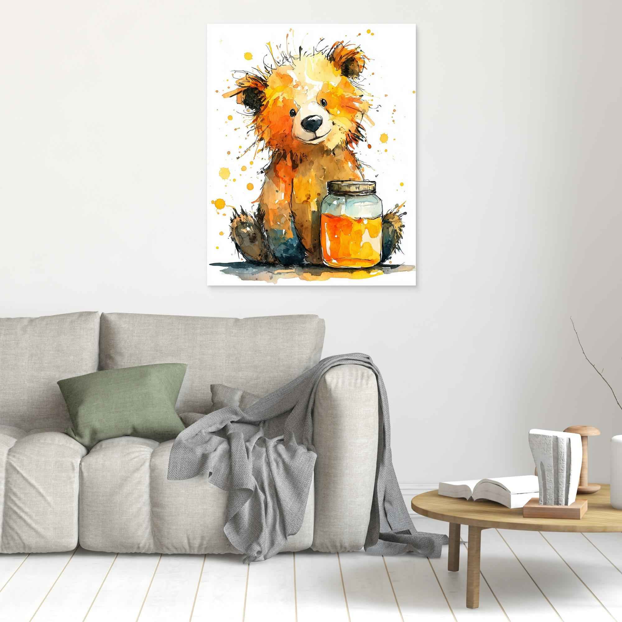 Watercolor Teddy Bear Honey Jar Canvas - Framed Pop Art