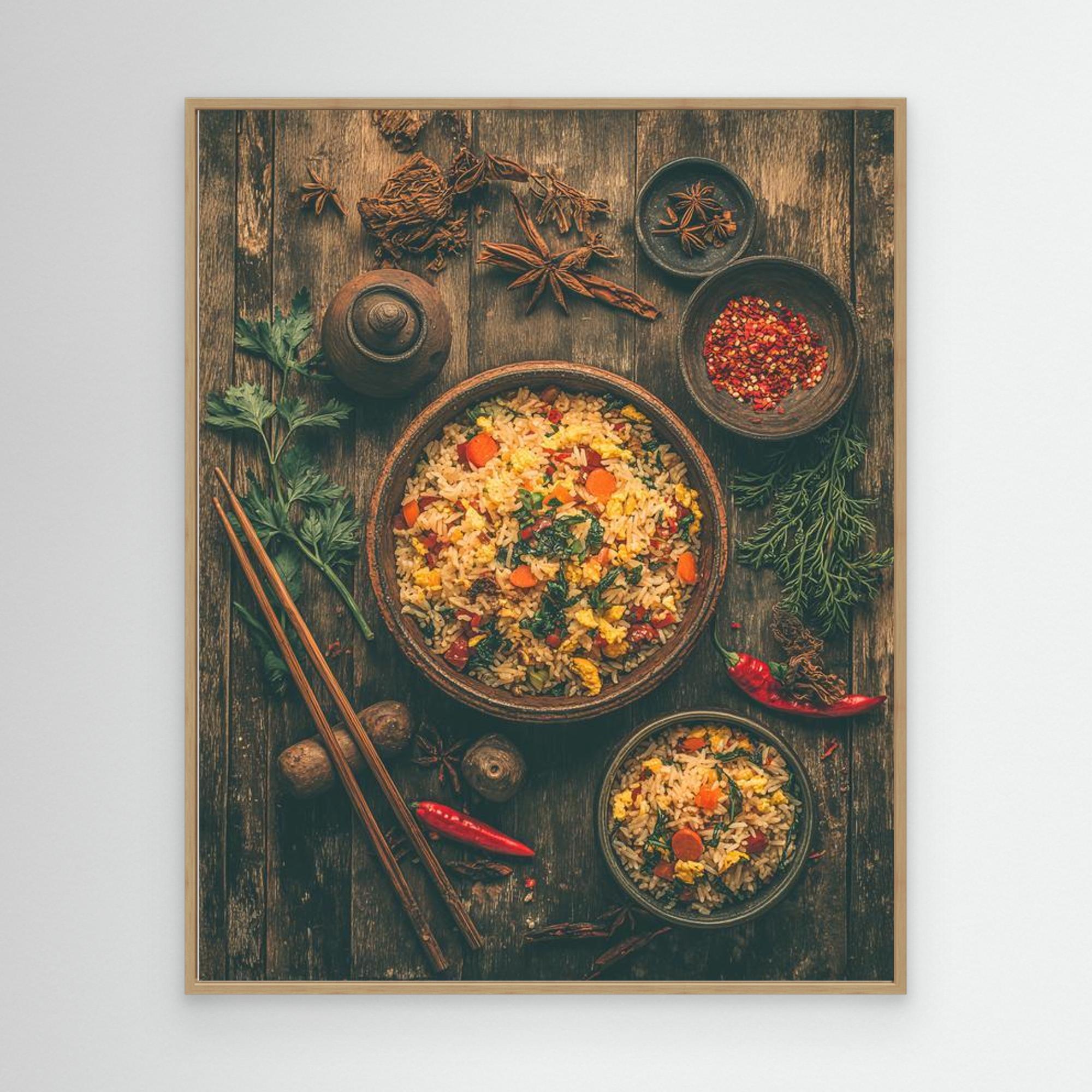 Rustic Fried Rice Bowl Asian Kitchen Canvas Wall Art - Framed Pop Art