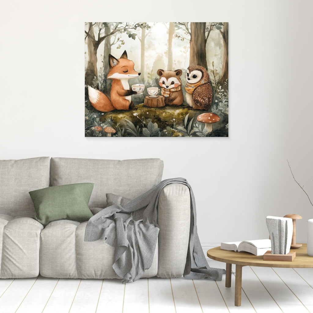 Woodland Friends Tea Party Canvas Wall Art | Nursery Decor - Framed Pop Art