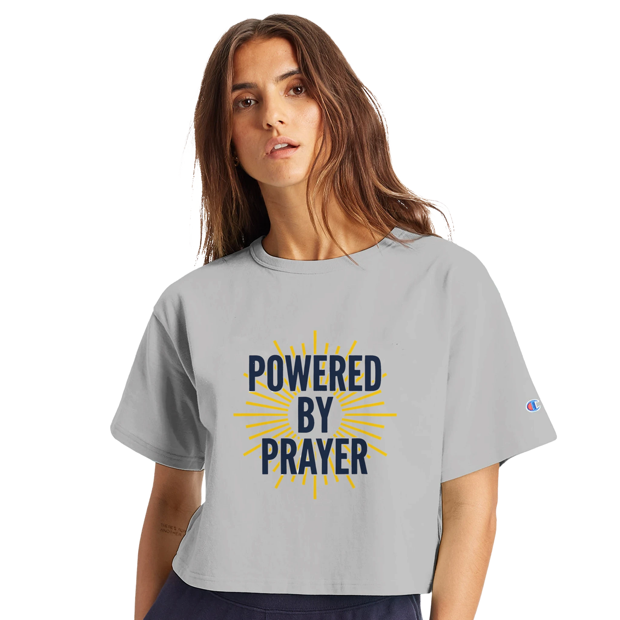 Powered by Prayer Women's Cropped T-Shirt | Champion T453W - Framed Pop Art