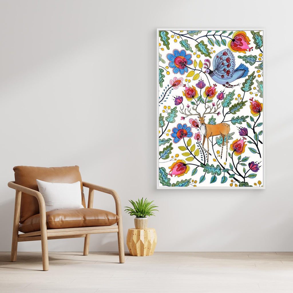 Hallway Wall Art – Whimsical Folk Deer & Botanical Canvas Print - Framed Pop Art