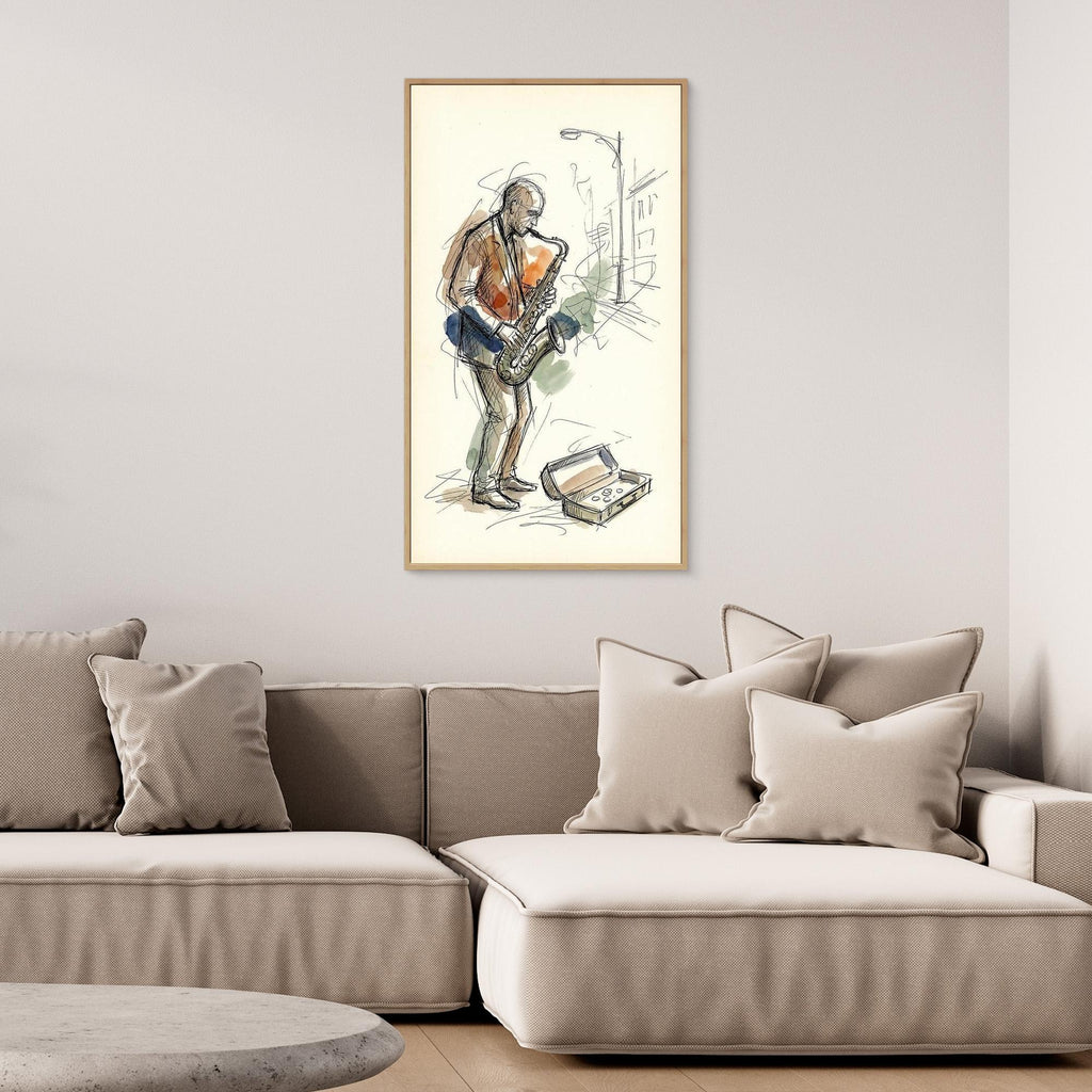 Saxophone Street Player Sketch Canvas Wall Art | Music Art - Framed Pop Art