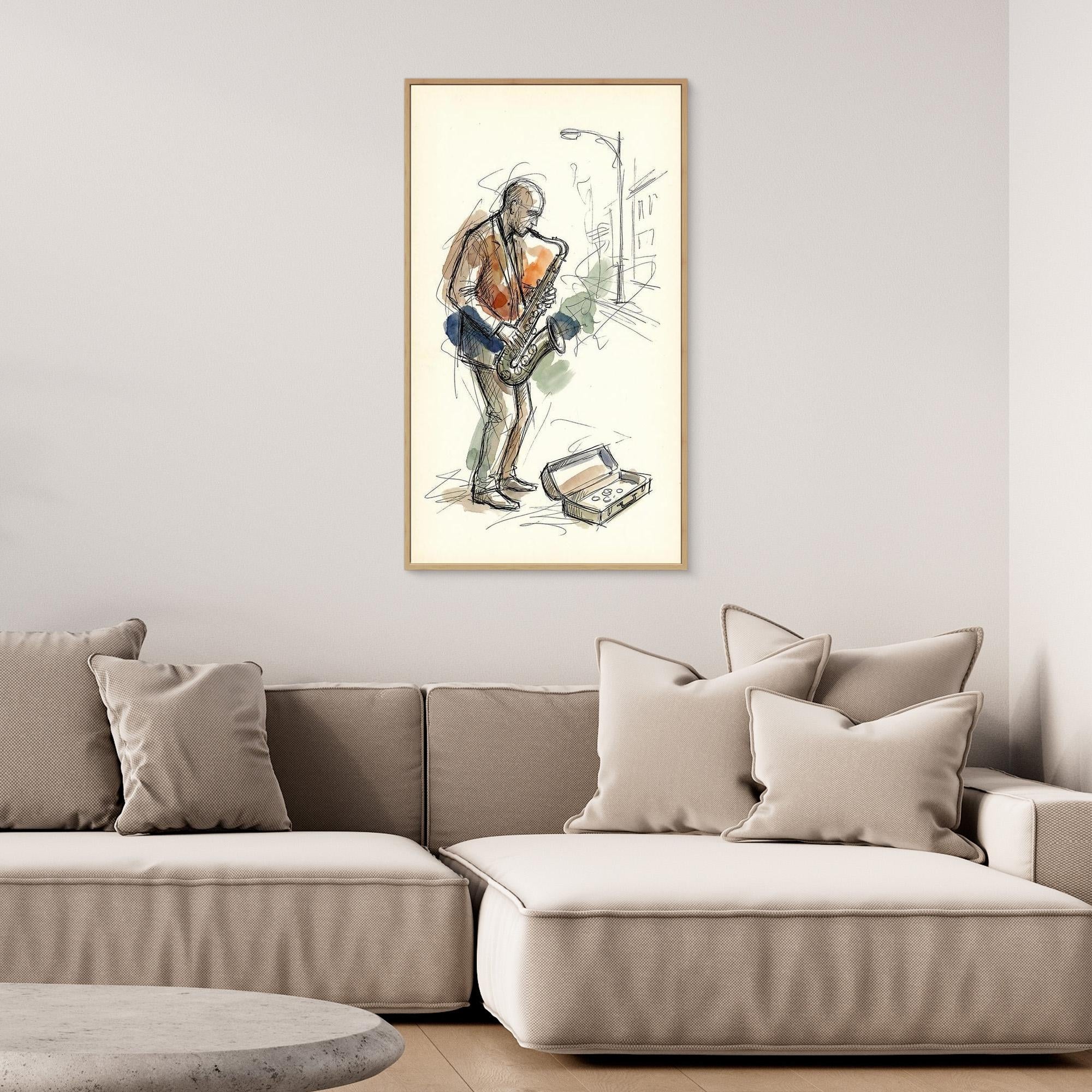 Saxophone Street Player Sketch Canvas Wall Art | Music Art - Framed Pop Art