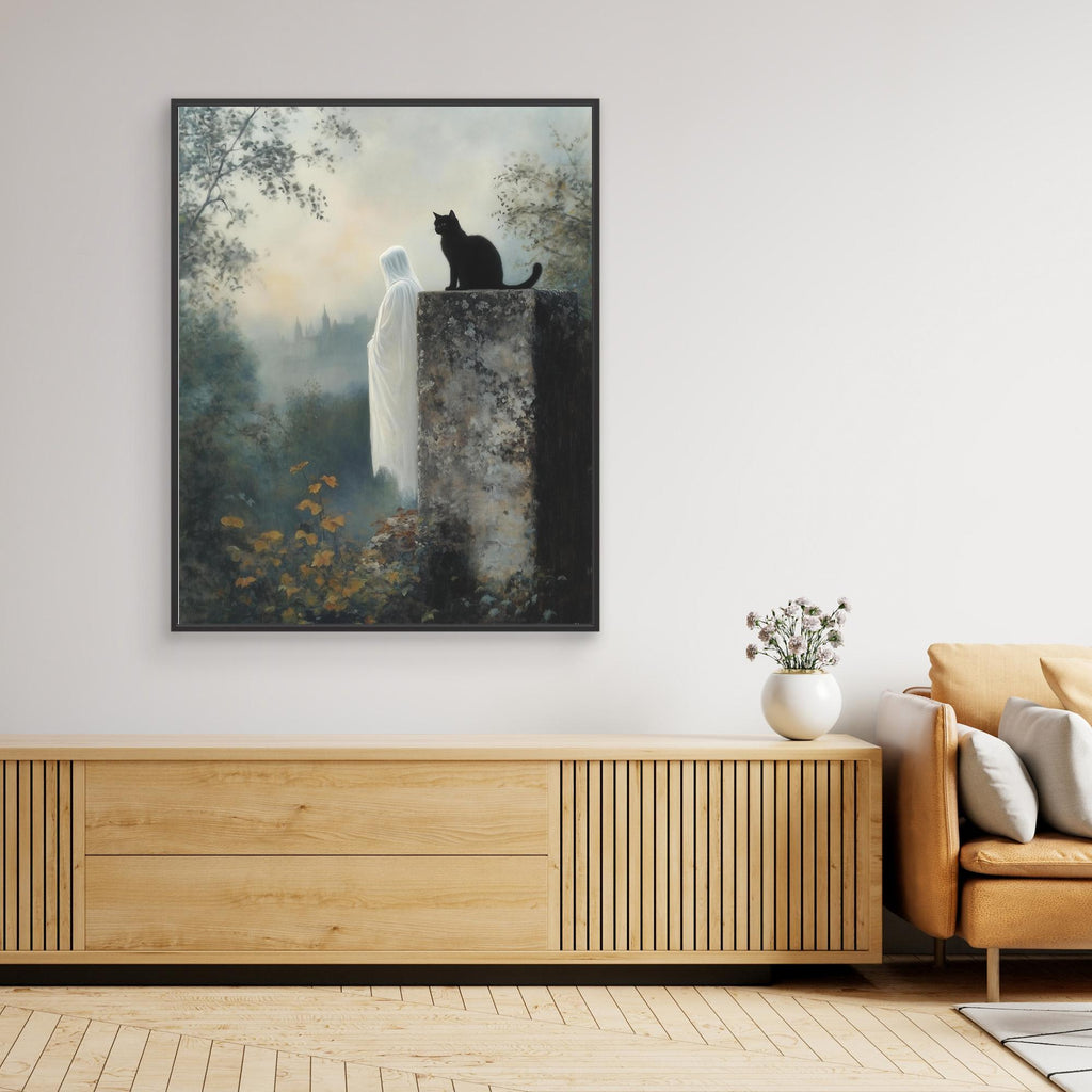 Gothic Wall Art for Hallway – Black Cat & Ghost Canvas - Framed Pop Art