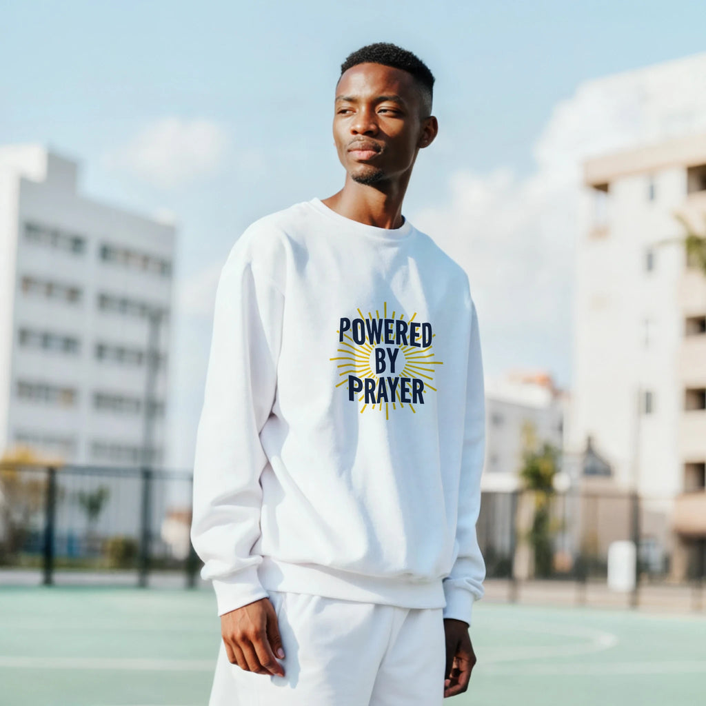 Powered by Prayer White Sweatshirt | Gildan® 18000 - Framed Pop Art