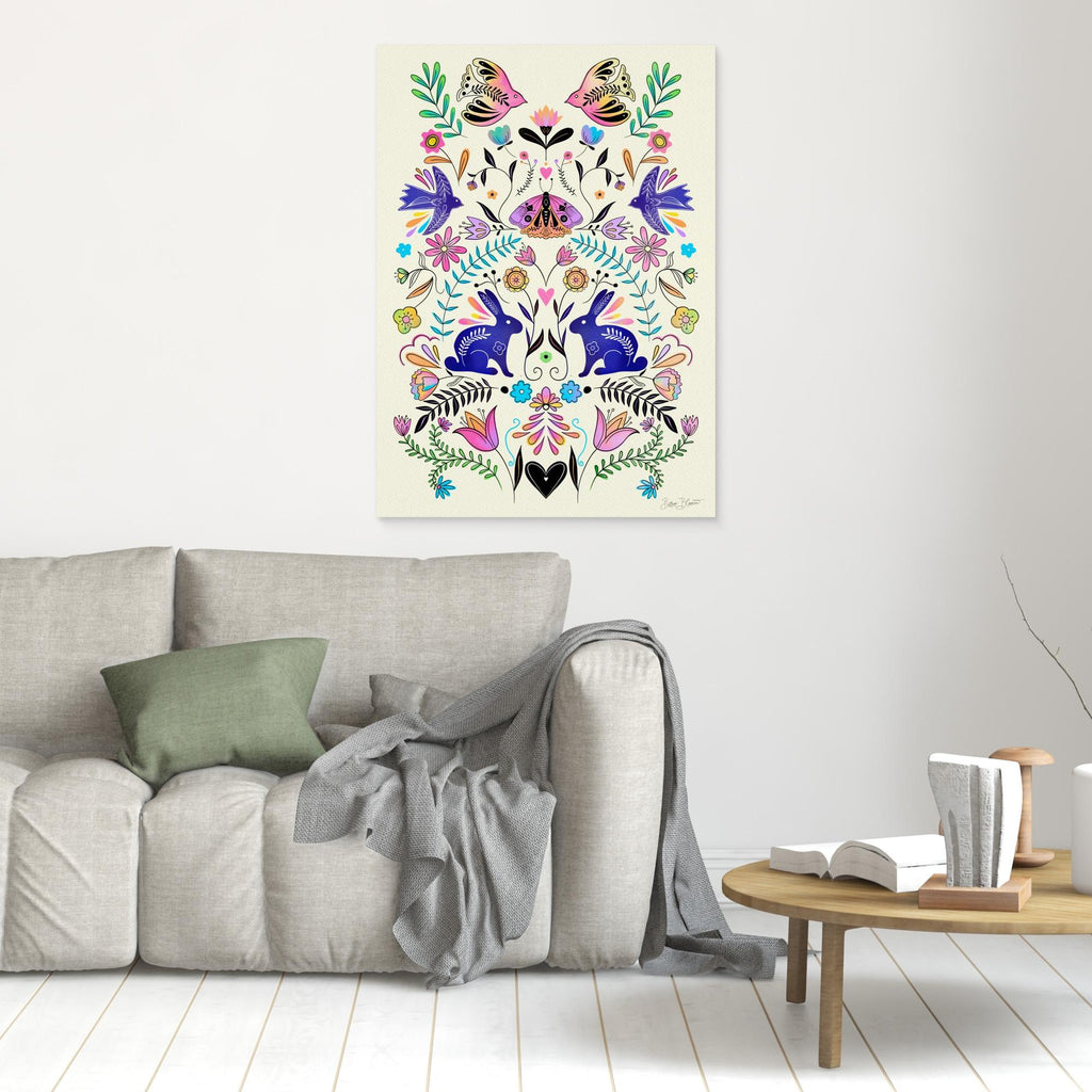 Hallway Wall Art – Folk Art Rabbits & Botanical Canvas Print - Framed Pop Art