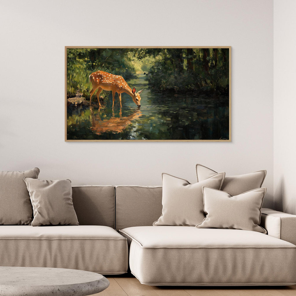 Large Framed Wall Art – Woodland Deer Lake Canvas - Framed Pop Art