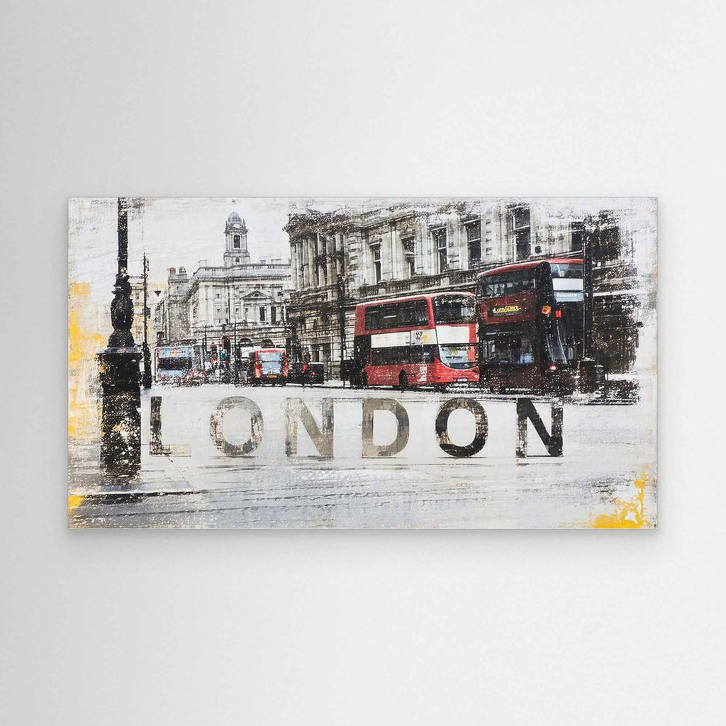 London Cityscape Red Bus Canvas Art - Framed Pop Art