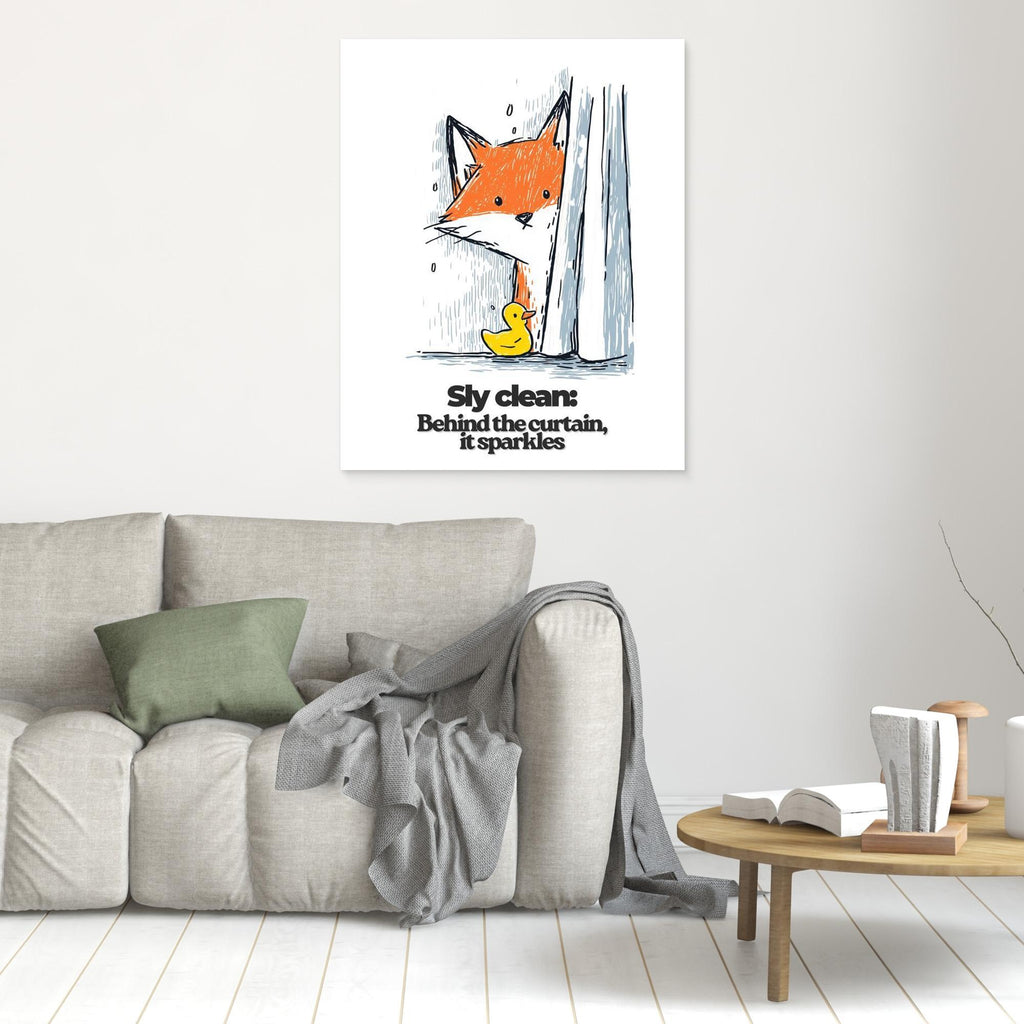 Sly Clean Fox & Rubber Duck Art Print | Fun Bathroom Wall Decor - Framed Pop Art