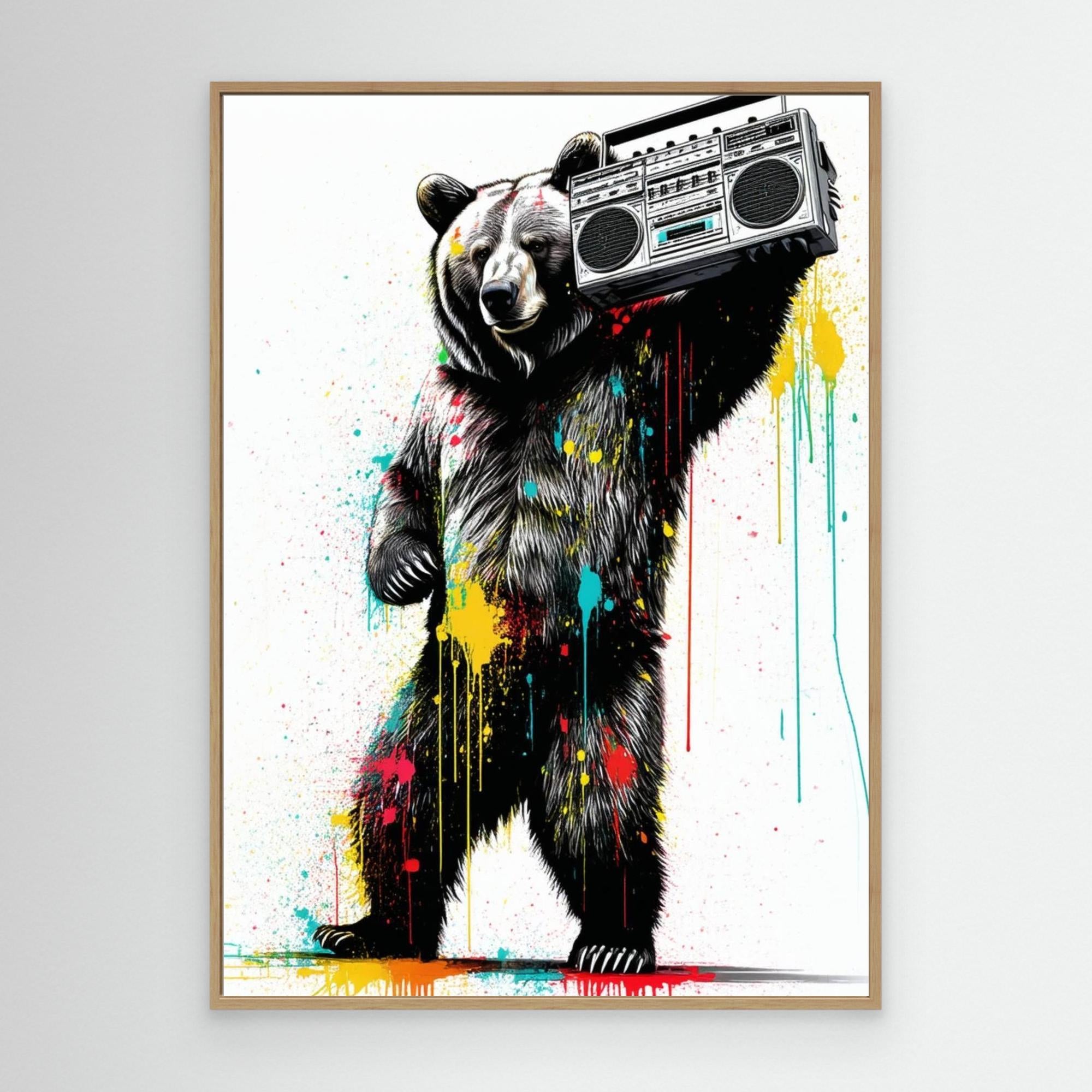 Grizzly Bear Boombox Canvas Art | Retro Urban Wall Decor - Framed Pop Art