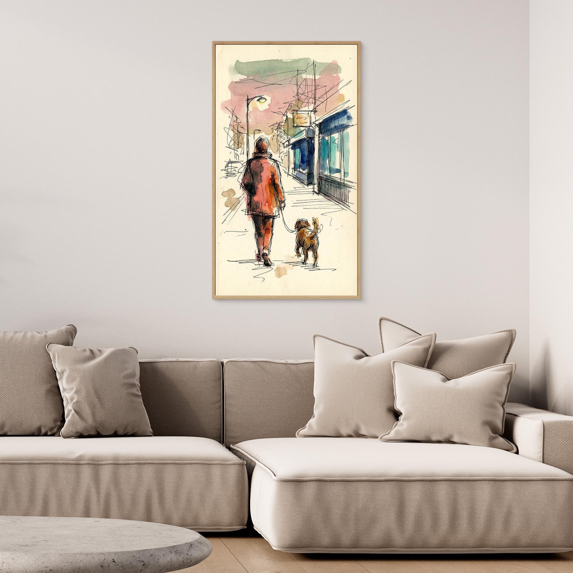 City Stroll Dog Walker Art | Framed Sketch Style Print - Framed Pop Art