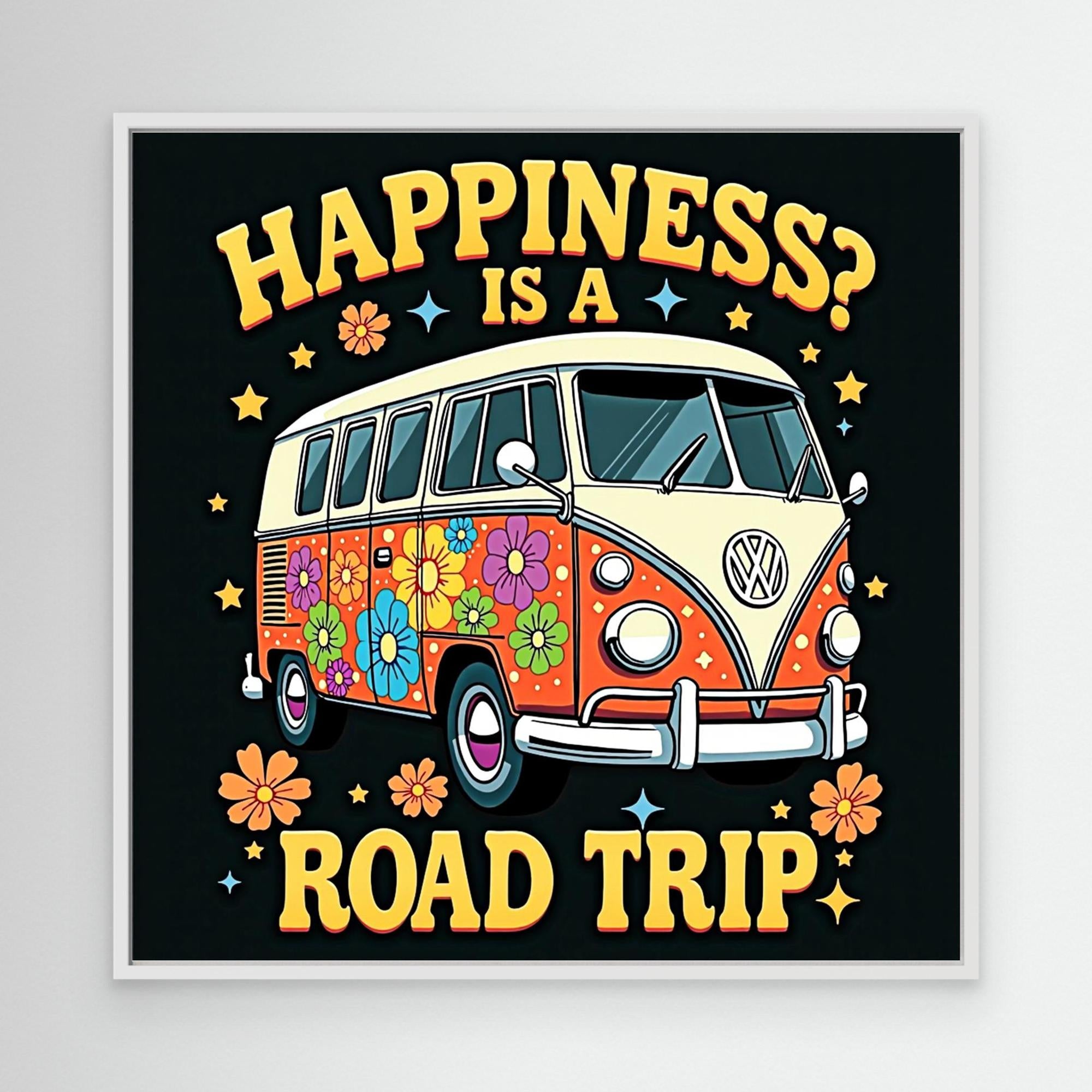 Happiness Is A Road Trip VW Bus Canvas Art | Retro Wall Decor - Framed Pop Art