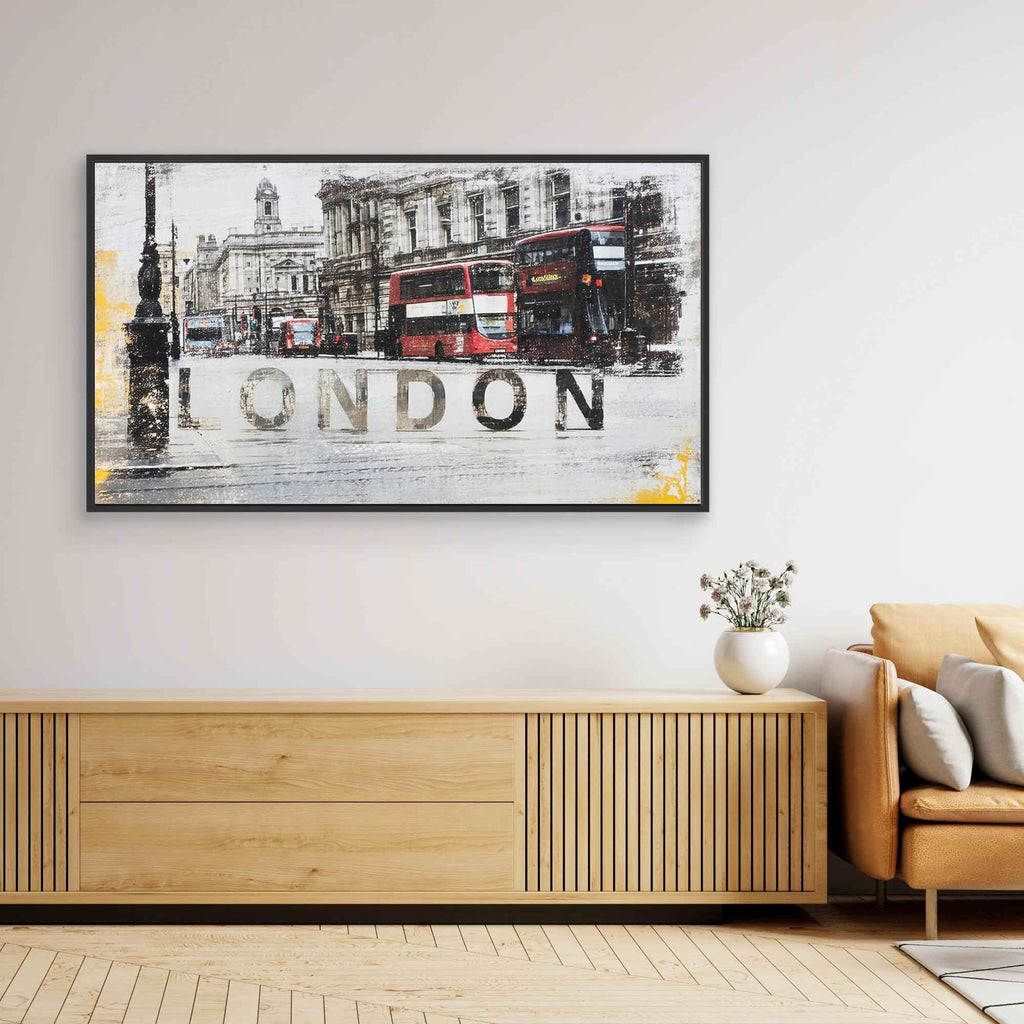London Cityscape Red Bus Canvas Art - Framed Pop Art