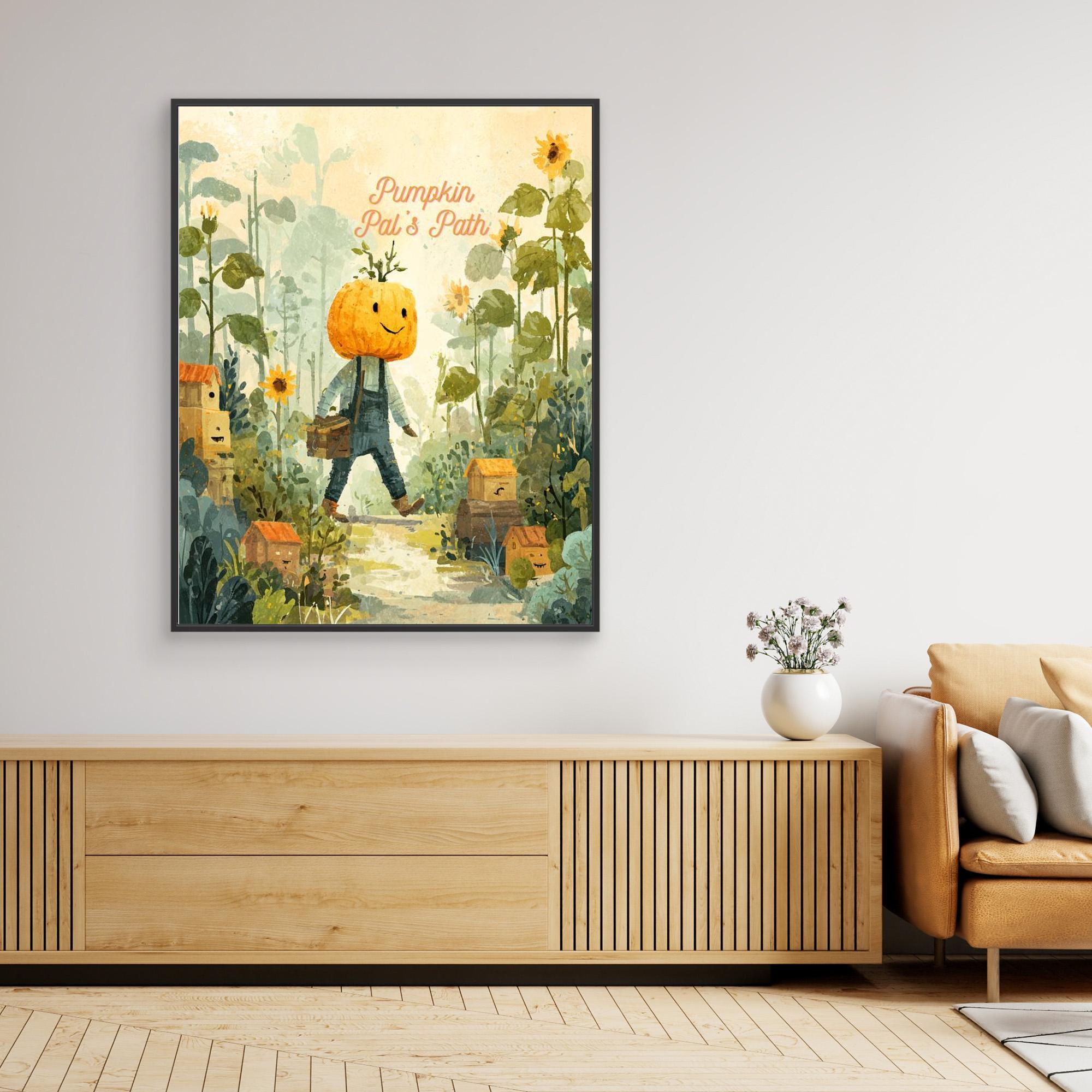 Pumpkin Pal’s Path Whimsical Autumn Canvas Wall Art - Framed Pop Art