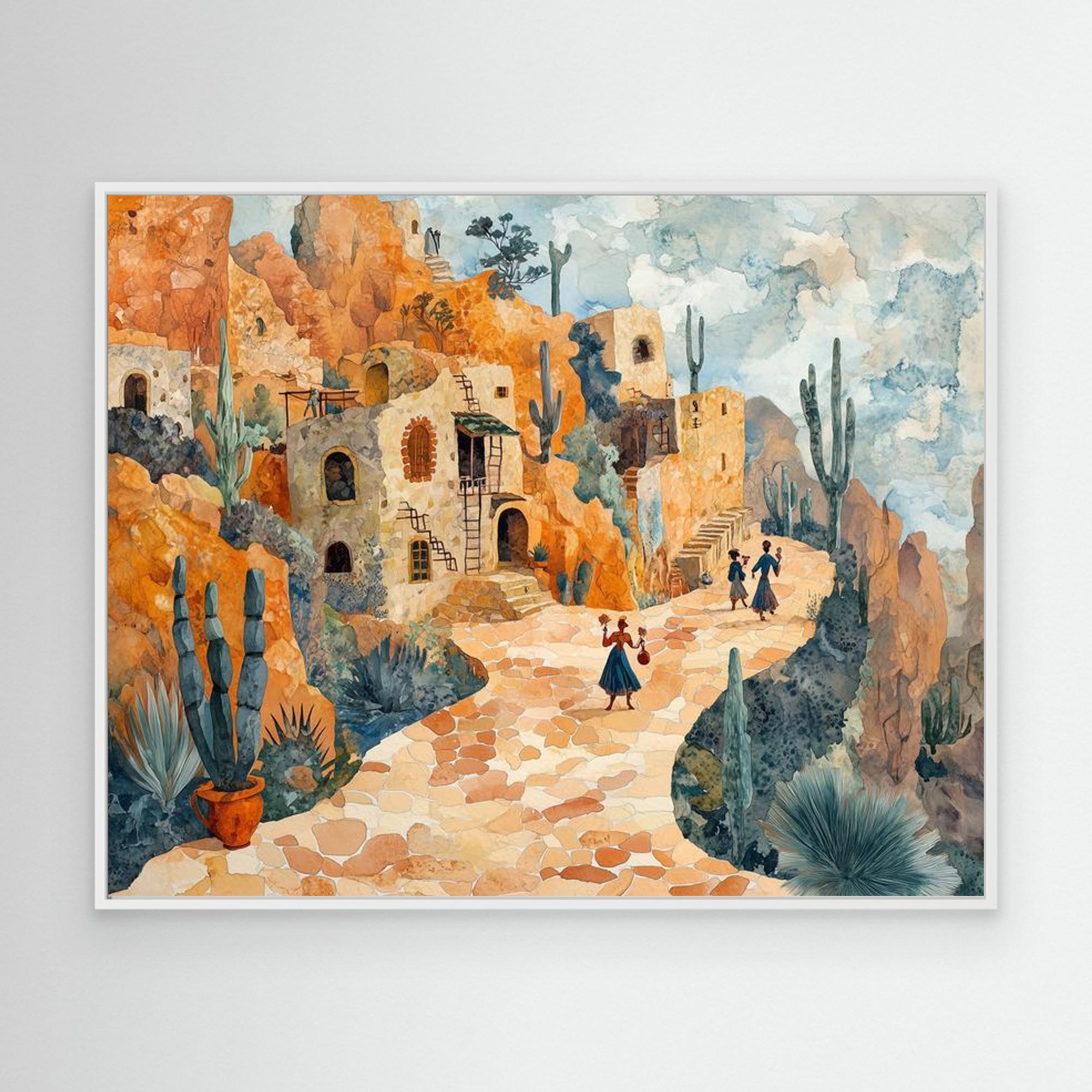 Desert Village Watercolor Canvas Print | Warm Sun-Drenched Art - Framed Pop Art