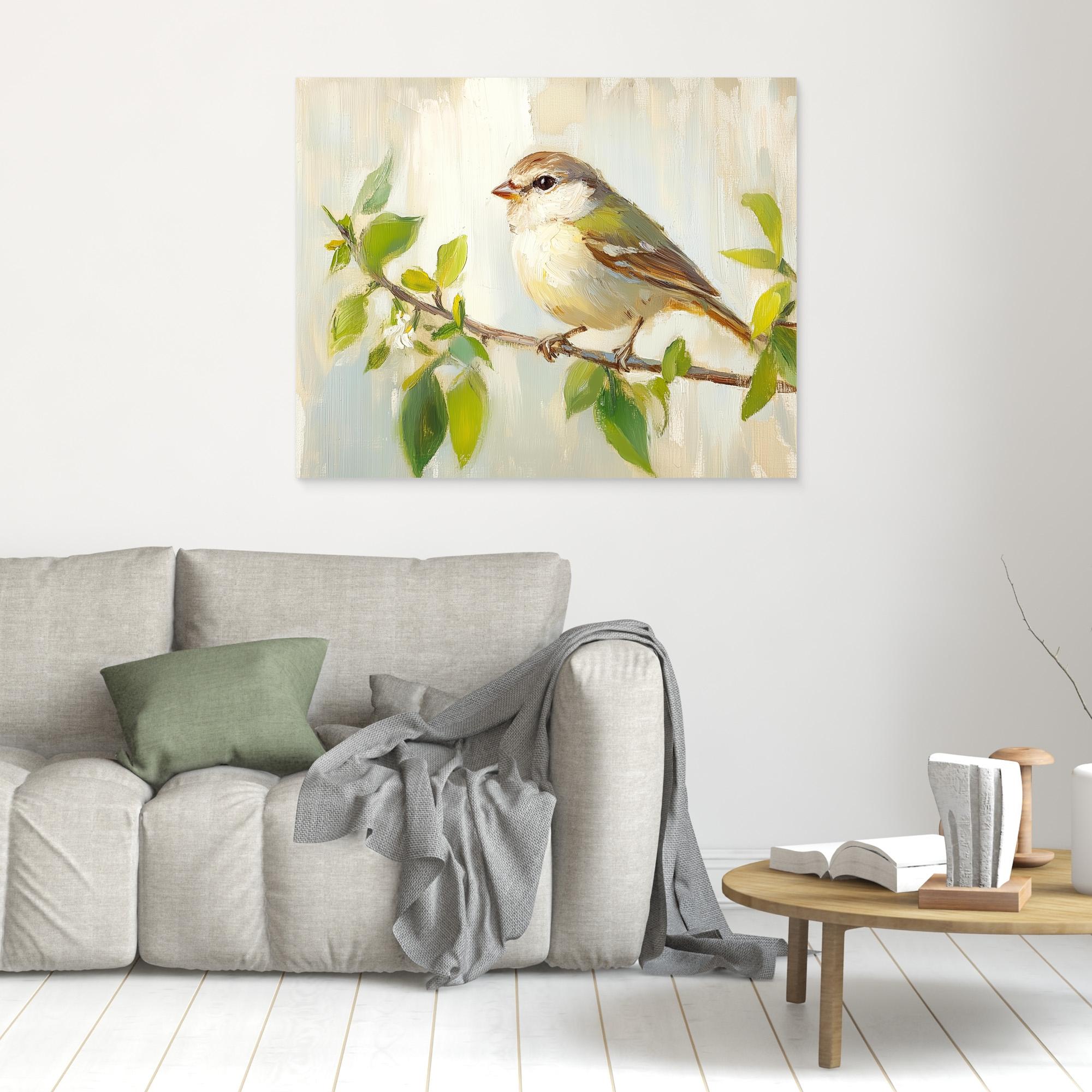 Bird on Branch Oil Painting | Nursery Wall Art Decor - Framed Pop Art
