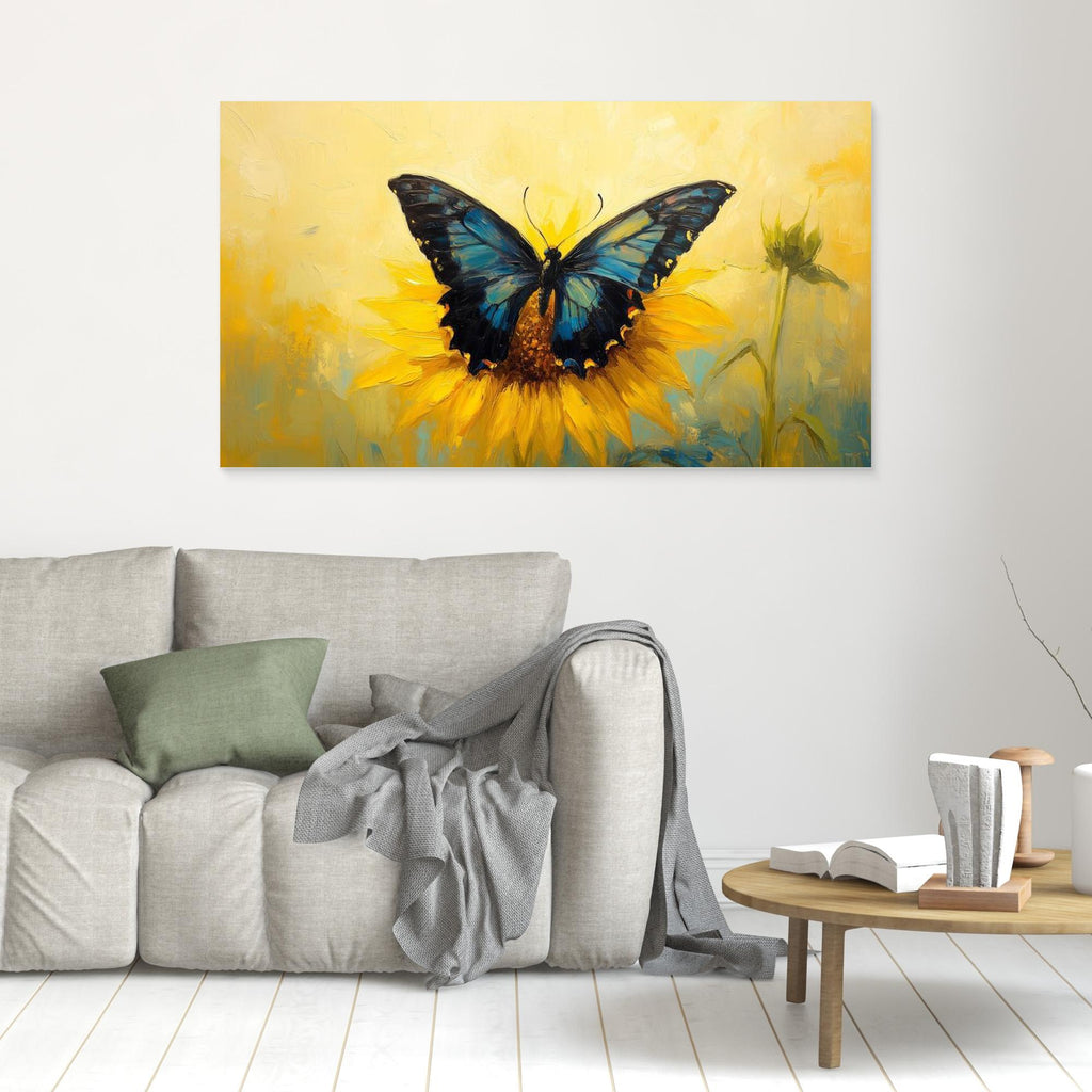 Blue Butterfly & Sunflower Canvas Wall Art | Framed Print - Framed Pop Art