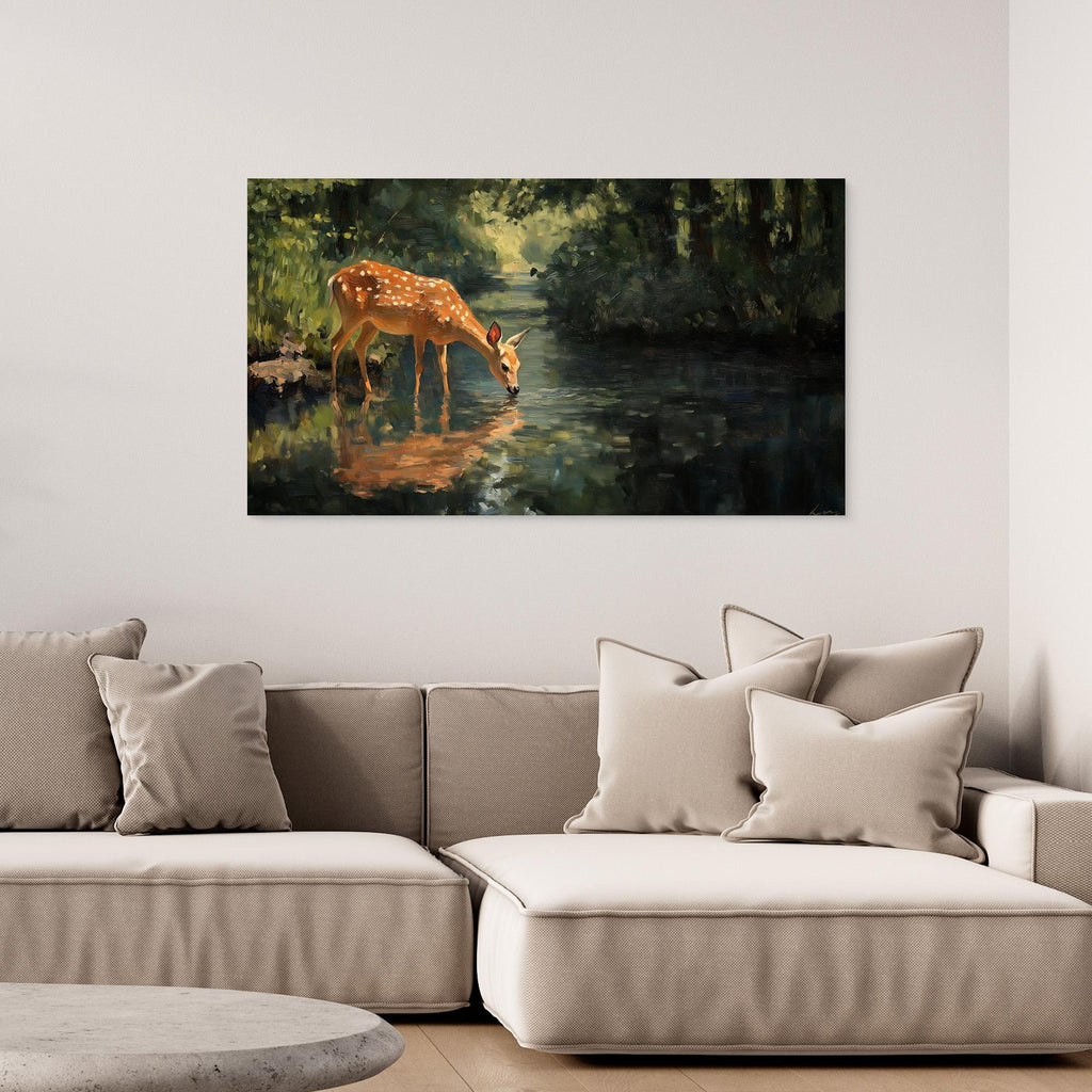Tranquil Deer in Forest Stream Canvas Wall Art - Framed Pop Art