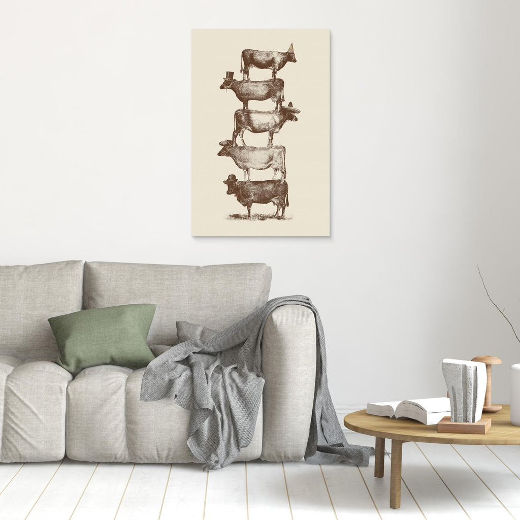 Hallway Wall Art – Quirky Stacked Cows Vintage Canvas Print - Framed Pop Art