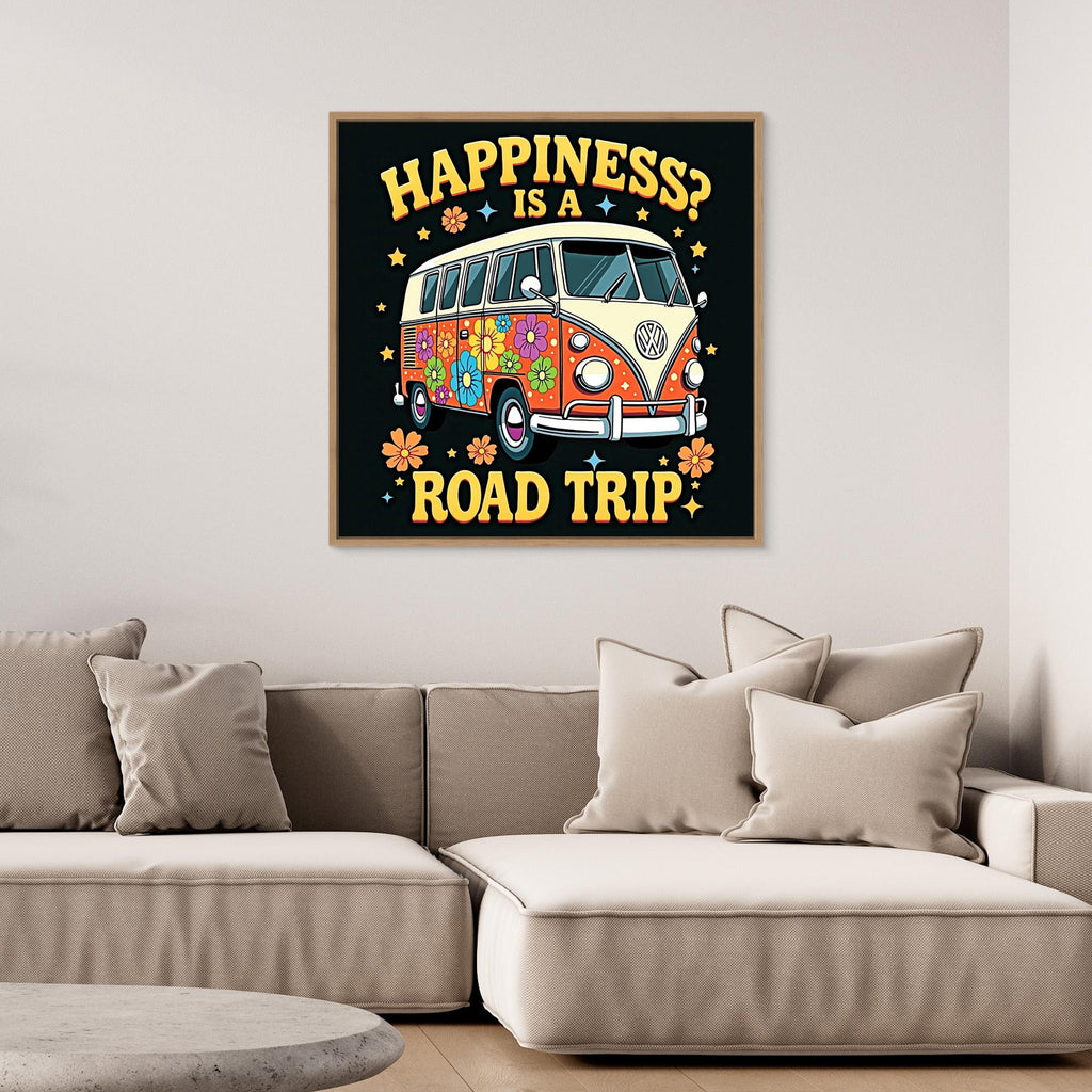 Happiness Is A Road Trip VW Bus Canvas Art | Retro Wall Decor - Framed Pop Art