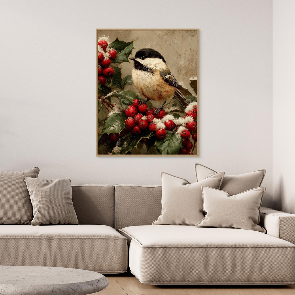 Christmas Bird Wall Art for Hallway – Chickadee Print - Framed Pop Art