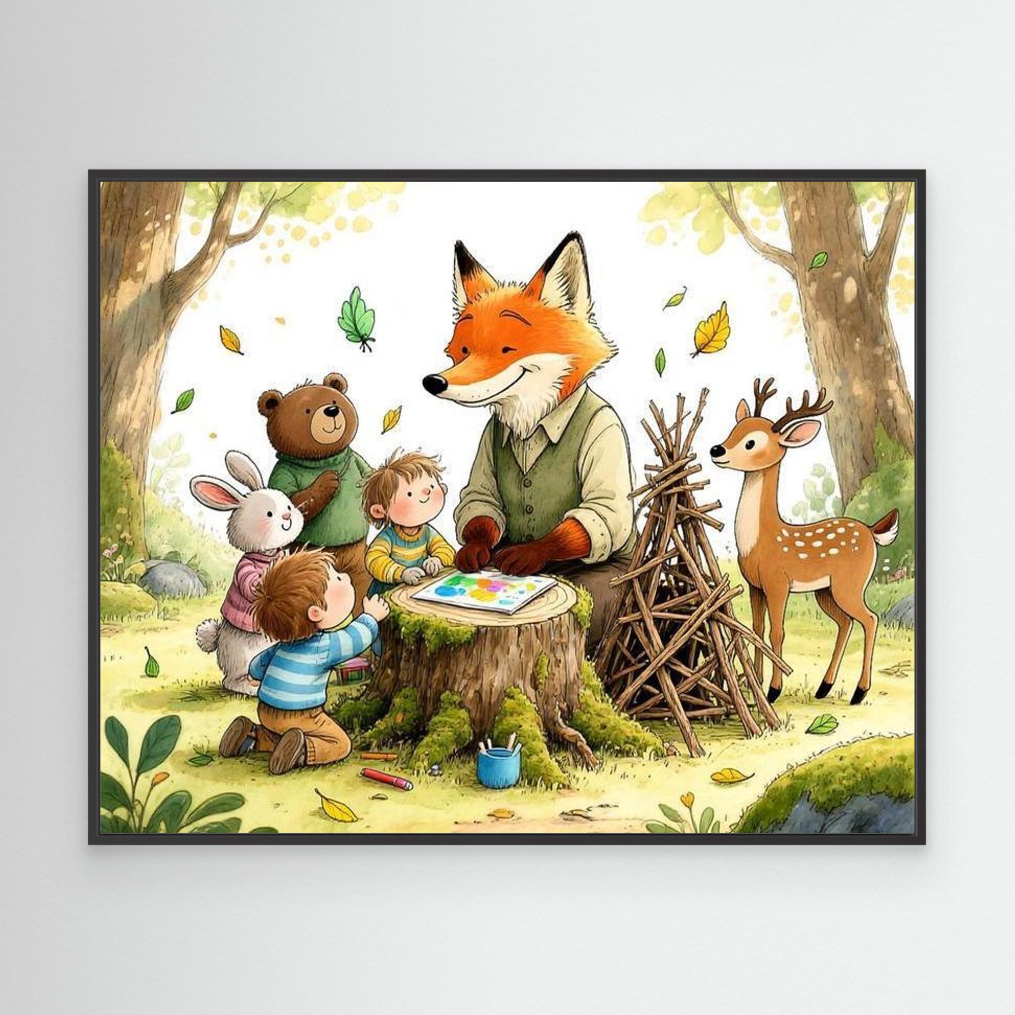 Woodland Classroom Fox Nursery Canvas Wall Art Print - Framed Pop Art