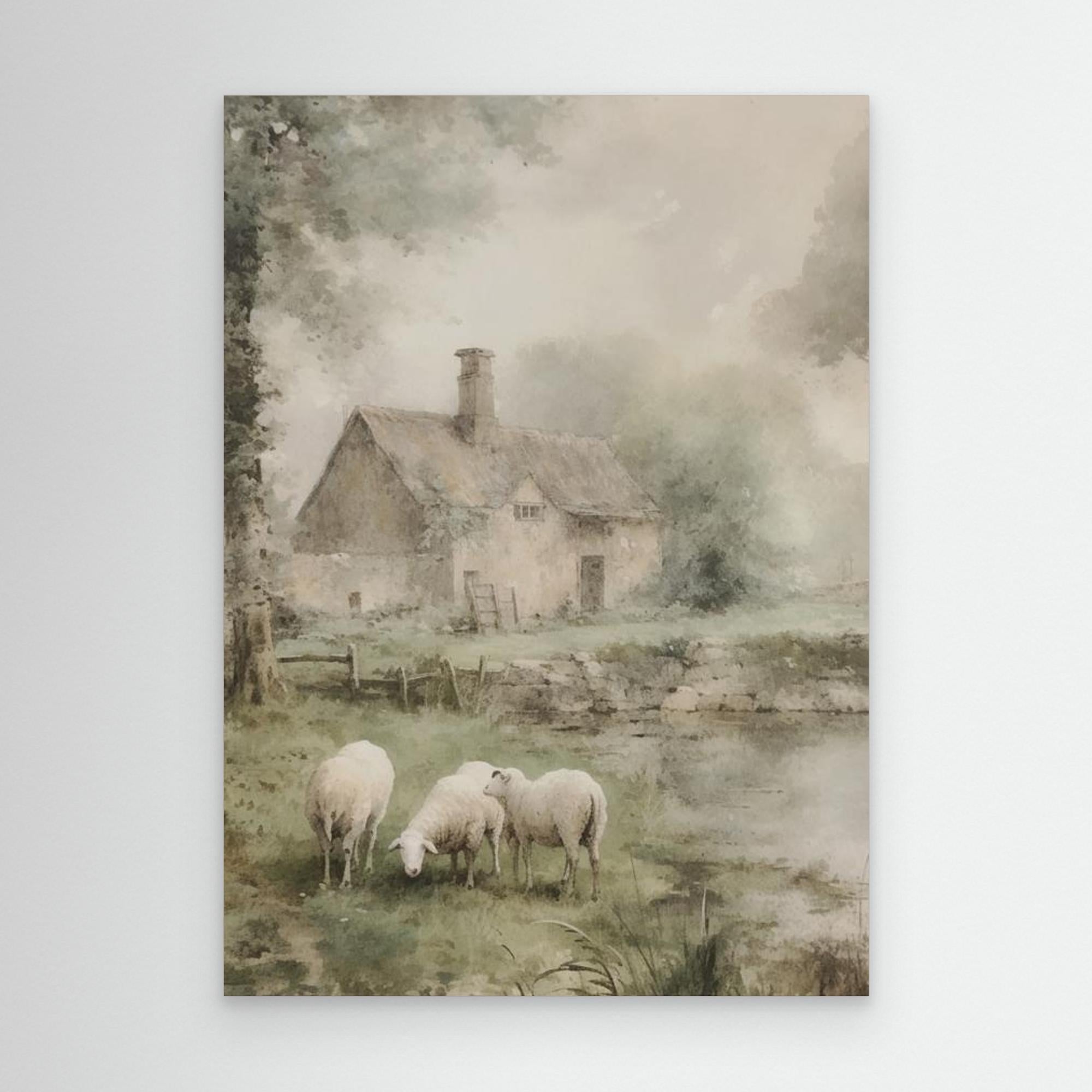 Sheep & Country Cottage Watercolour | Farmhouse Hallway Art - Framed Pop Art