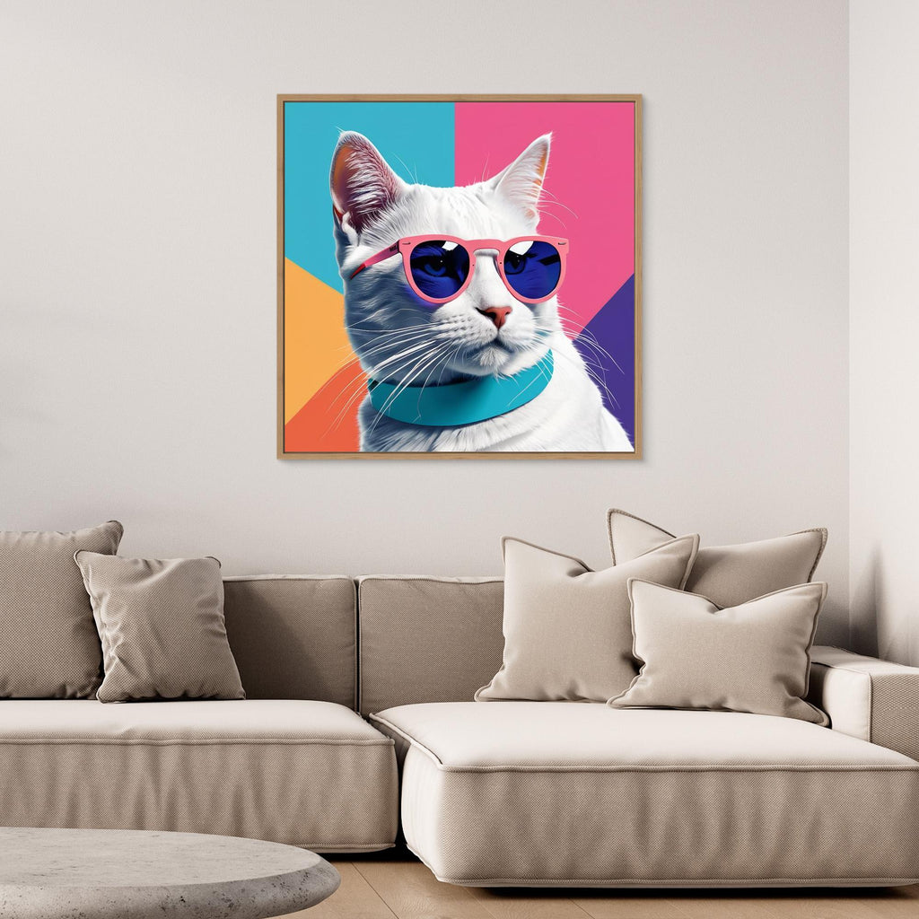 Cool White Cat in Pink Sunglasses Canvas Wall Art - Framed Pop Art