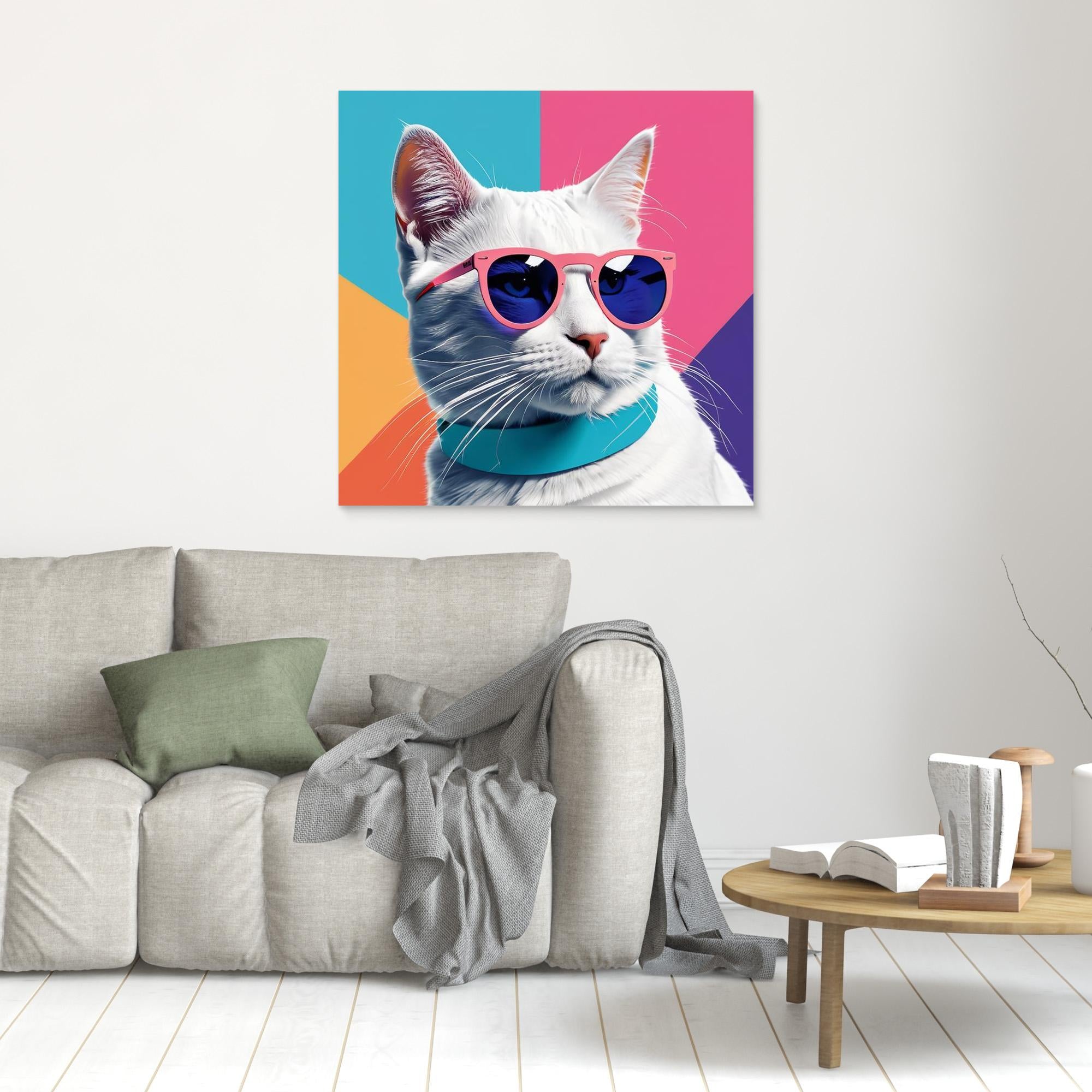 Cool White Cat in Pink Sunglasses Canvas Wall Art - Framed Pop Art