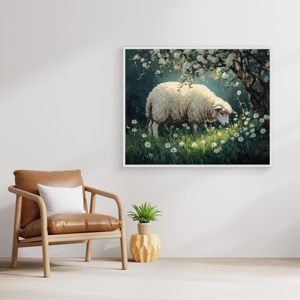 Sheep in Daisy Meadow Oil Painting Style Canvas Print - Framed Pop Art