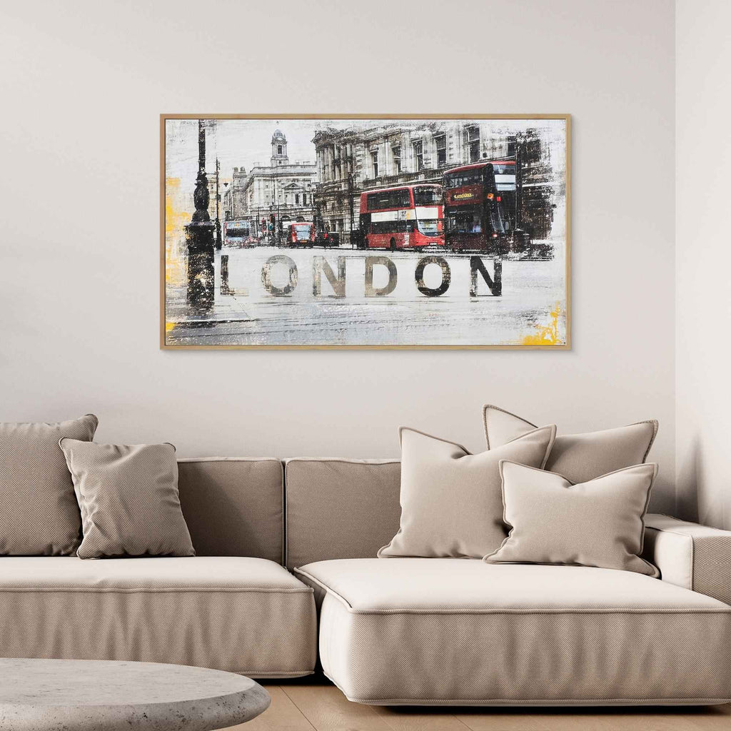 London Cityscape Red Bus Canvas Art - Framed Pop Art