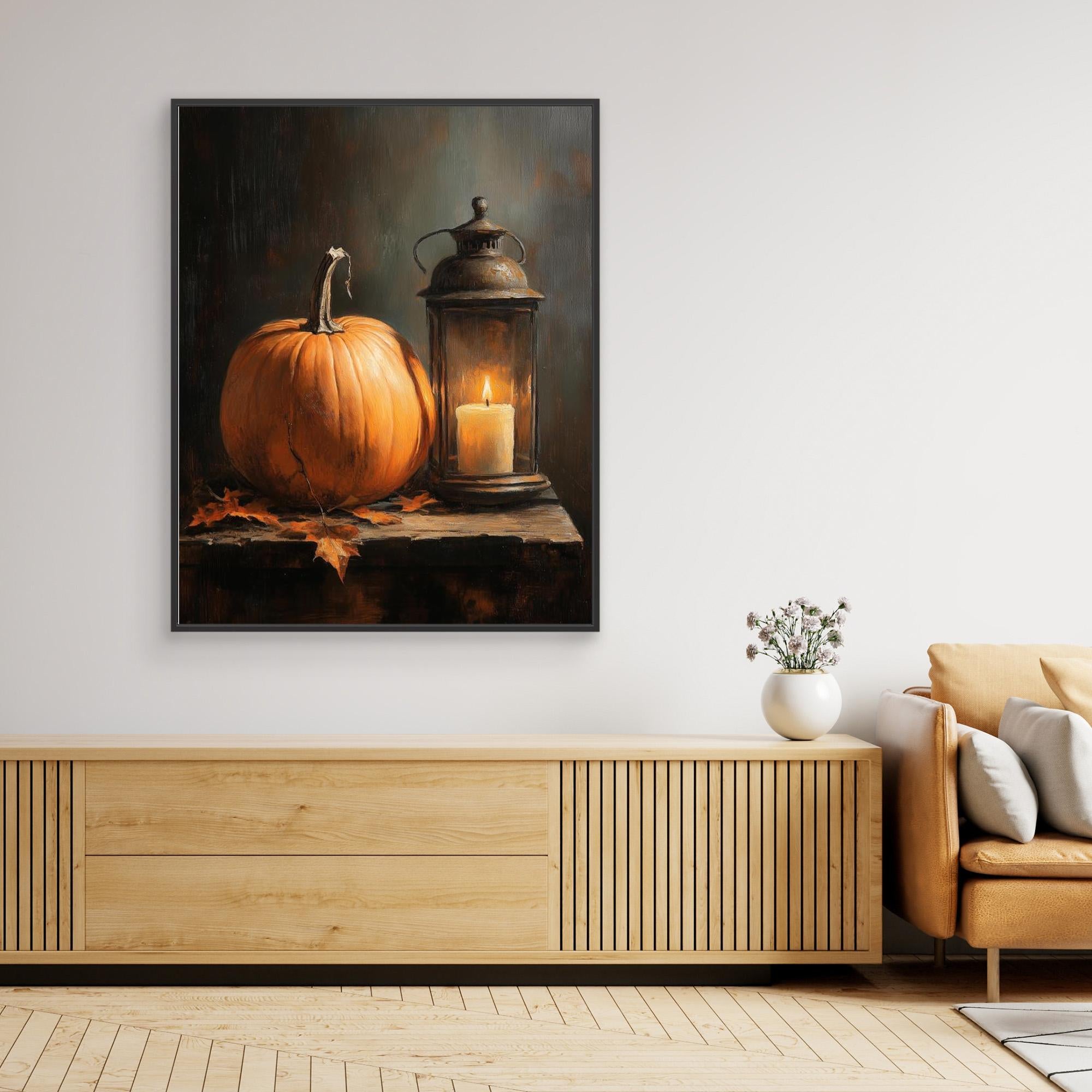 Rustic Autumn Pumpkin & Lantern Canvas Wall Art - Framed Pop Art