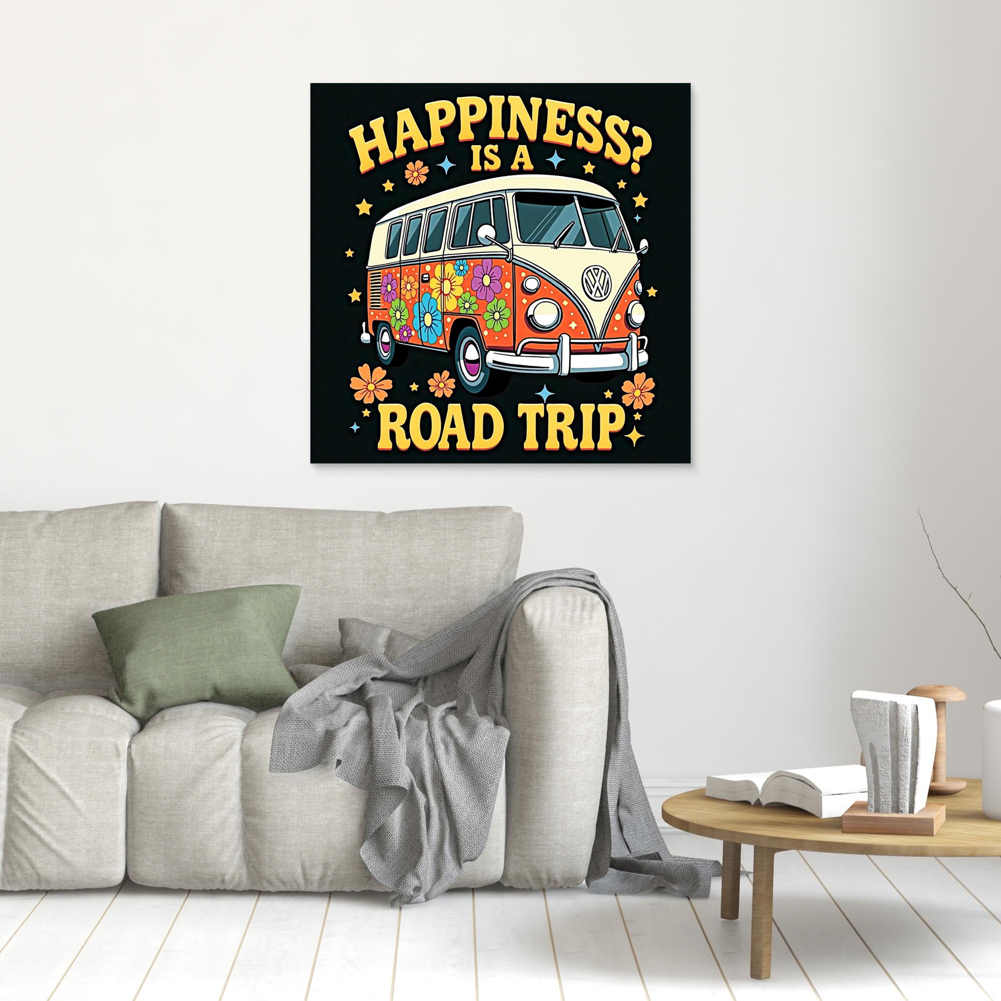 Happiness Is A Road Trip VW Bus Canvas Art | Retro Wall Decor - Framed Pop Art