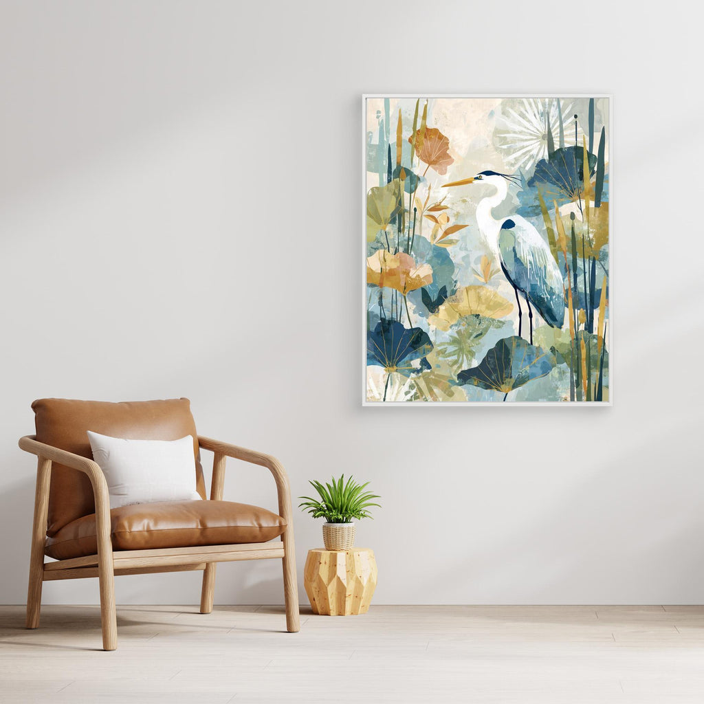Heron in the Reeds Canvas Wall Art | Modern Nature Print | Nursery - Framed Pop Art